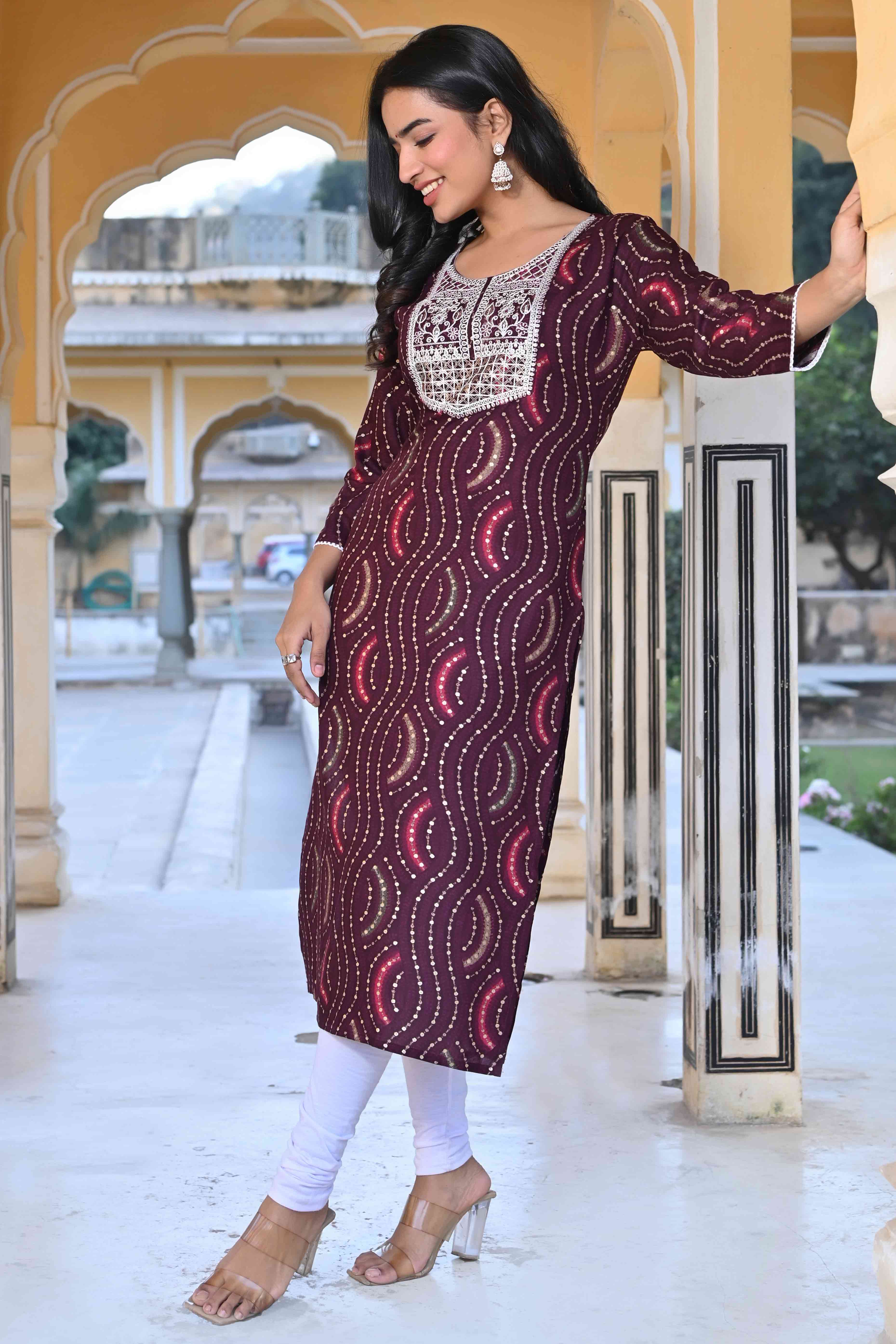 Wine Foil Printed Rayon Straight Kurti