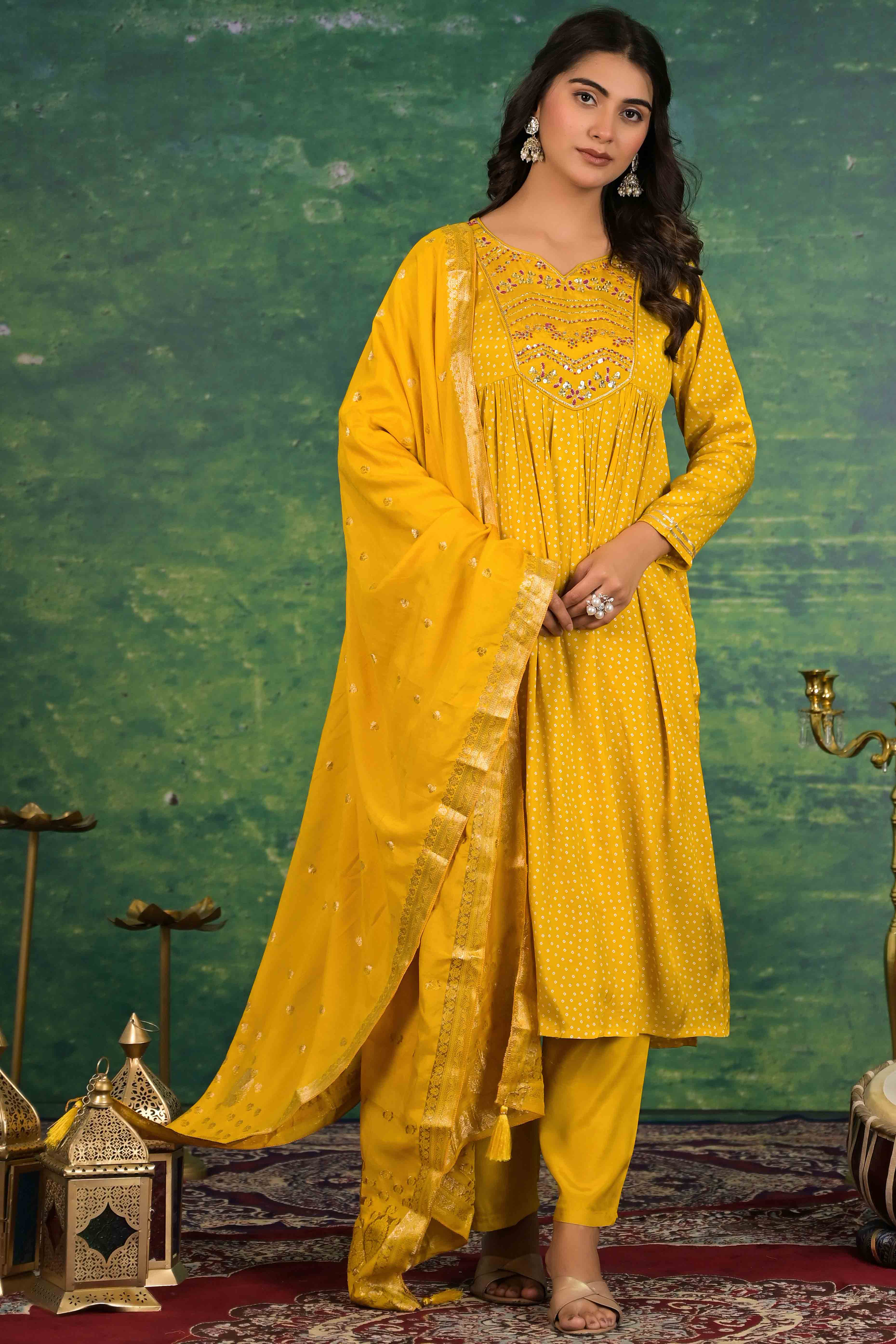 Mustard Yoke Embroidered Anarkali Muslin Salwar Suit