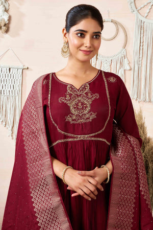 Maroon Sequins Embroidered Cotton Silk Anarkali Salwar Suit