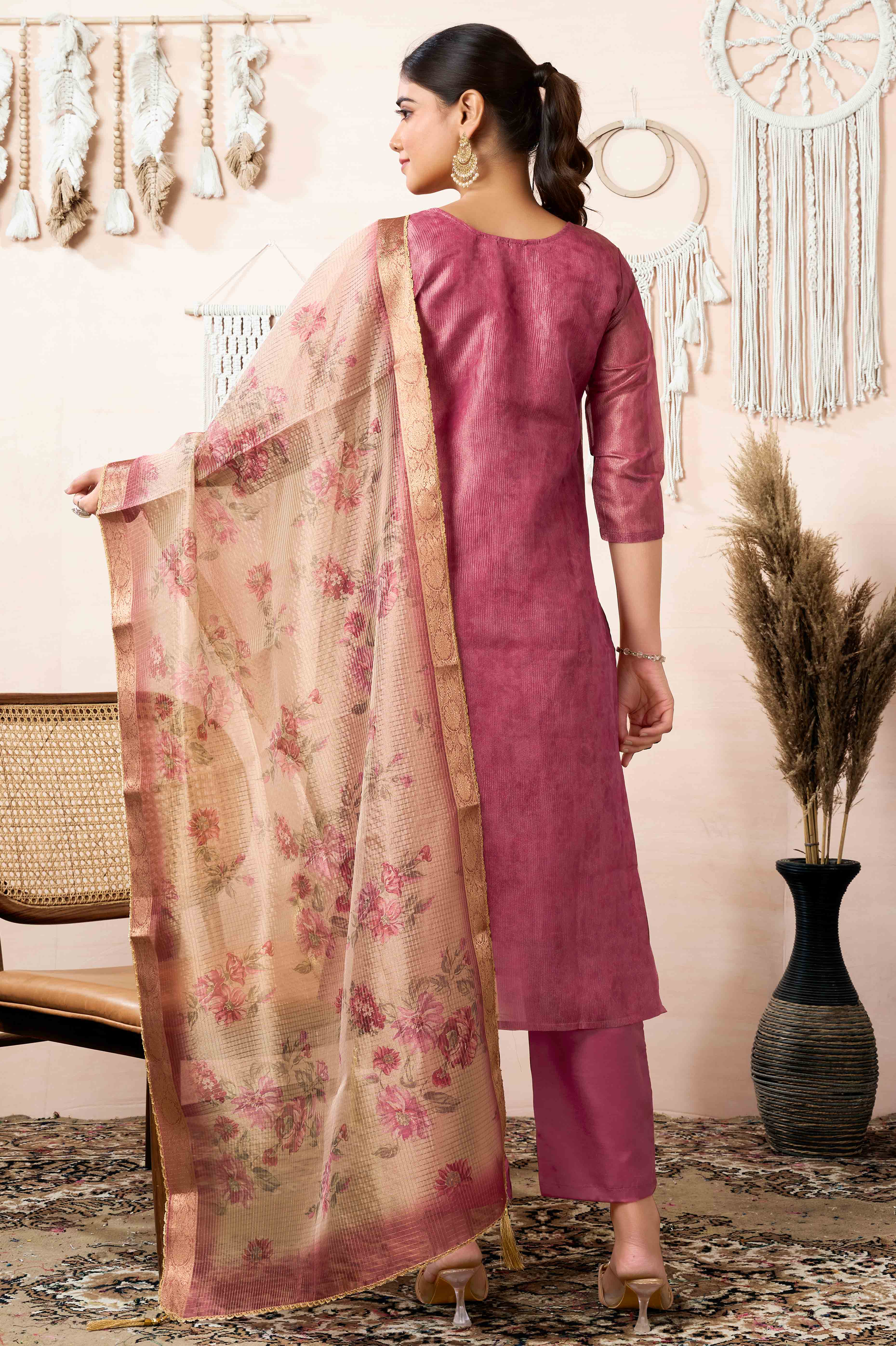 Mauve Sequins Embroidered Shimmer Straight Salwar Suit