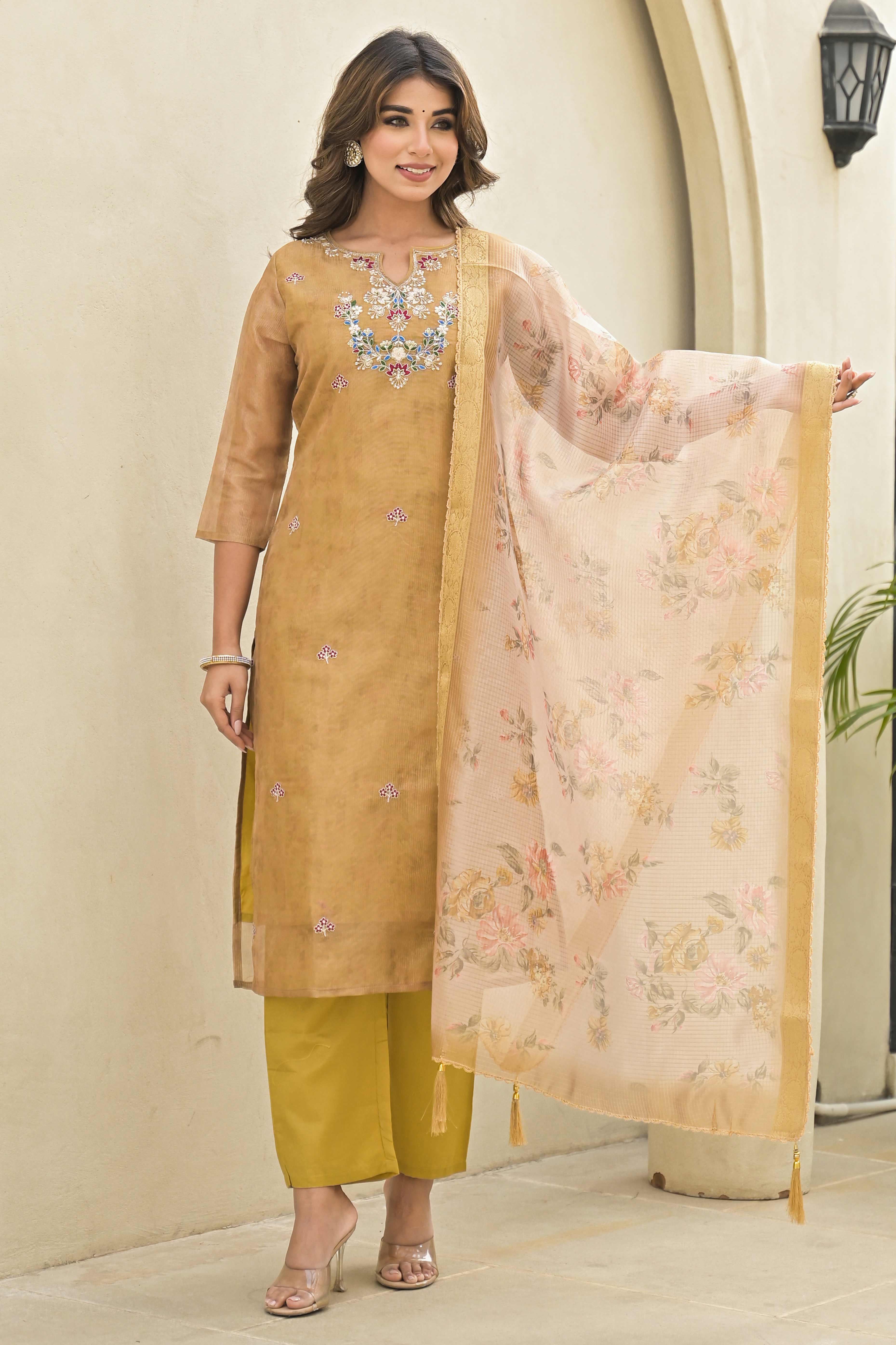 Golden Embroidered Crush Chanderi Salwar Suit