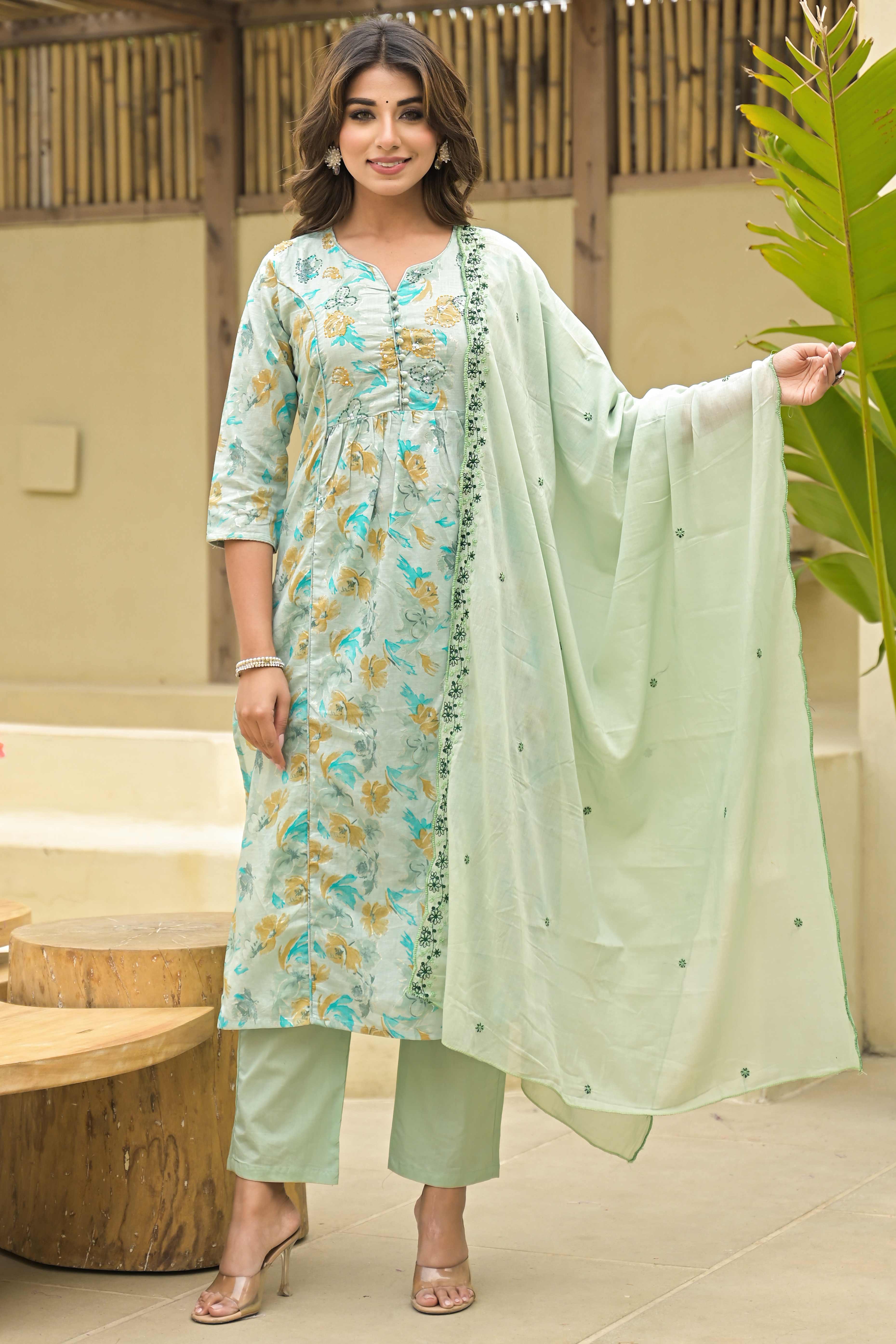 Green Floral Printed Pure Cotton Salwar Suit With Handwork