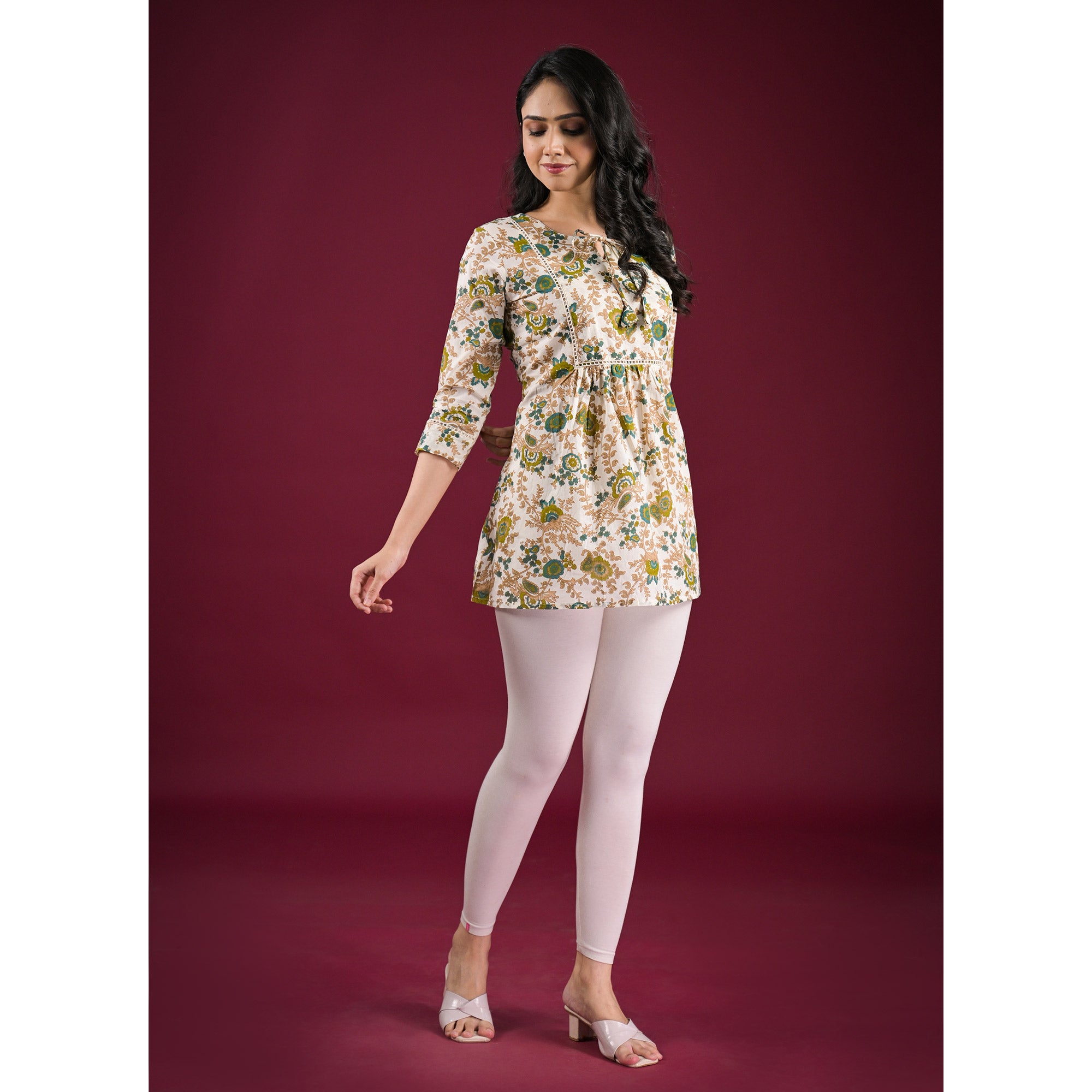 White Floral Printed Pure Cotton A-Line Top