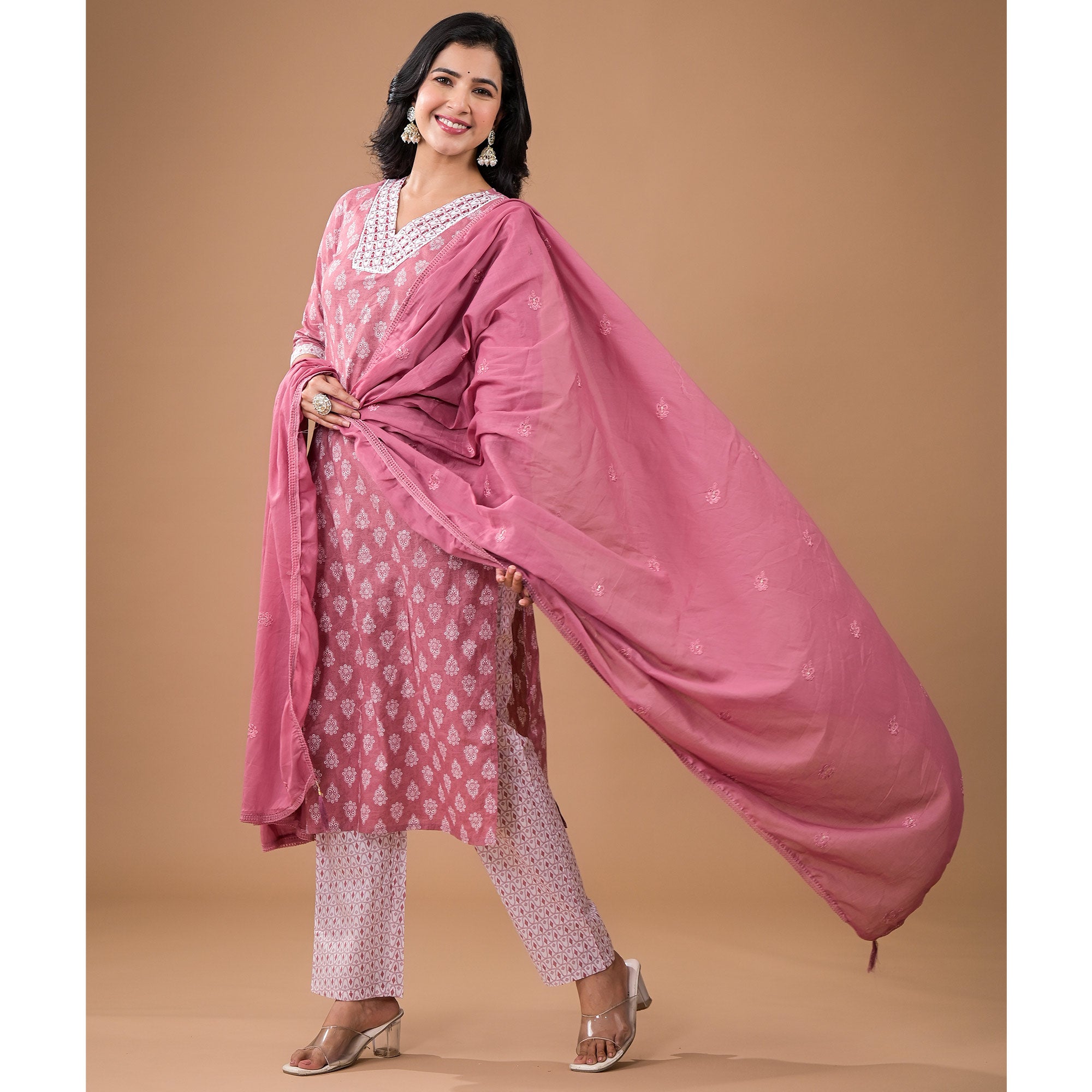 Pink Floral Printed Pure Cotton Salwar Suit