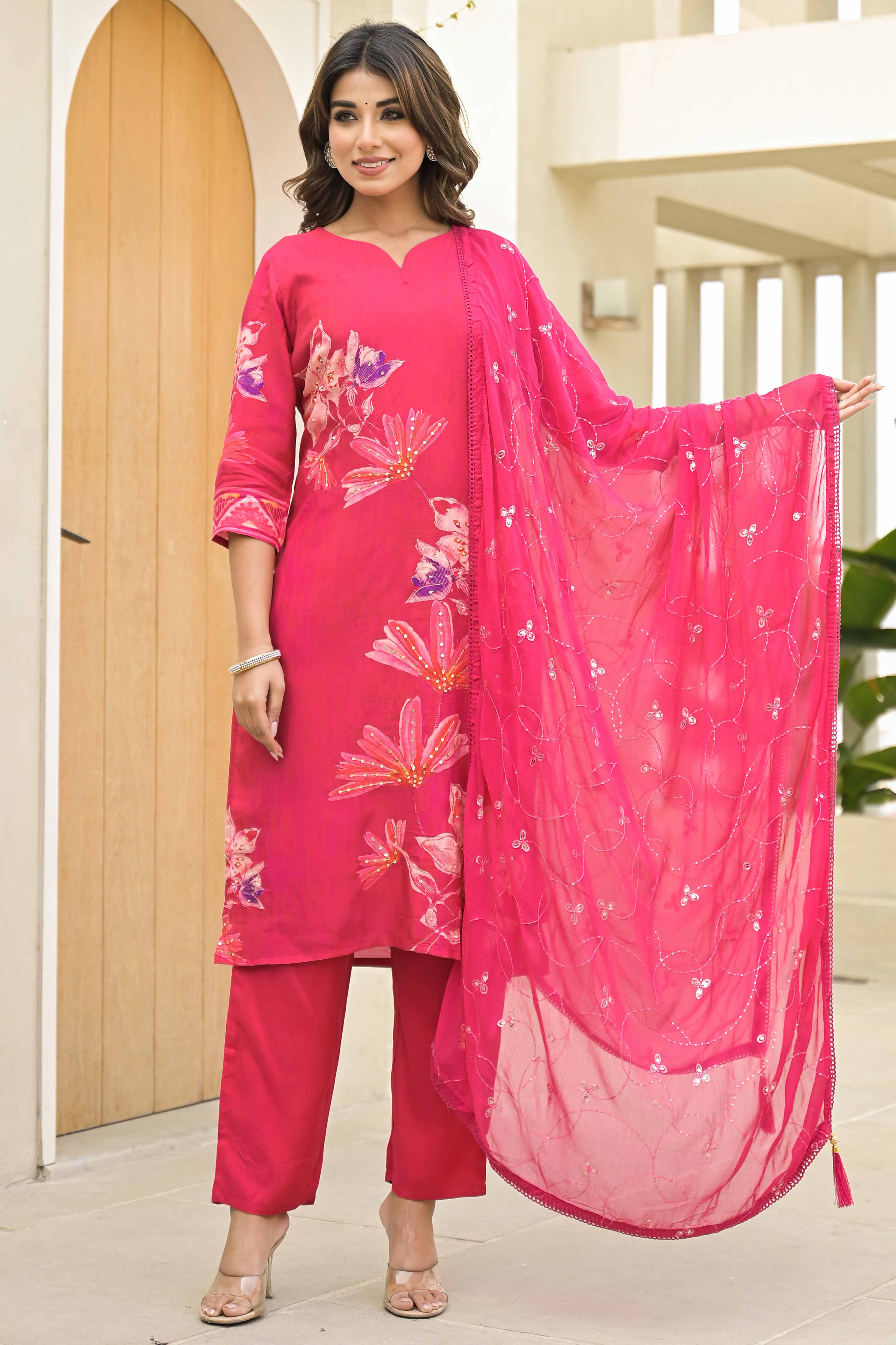 Pink Floral Printed Muslin Salwar Suit With Handwork