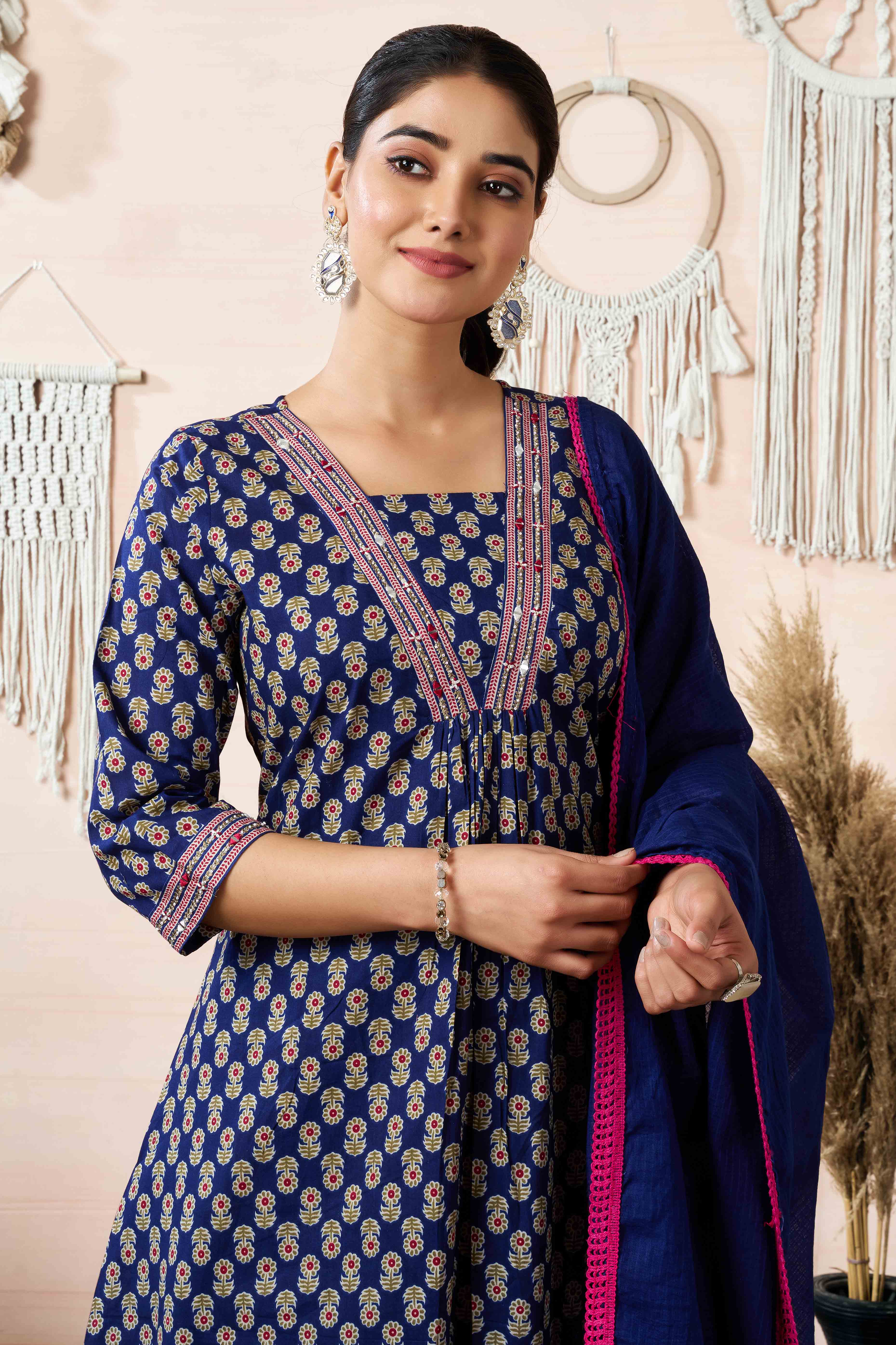 Navy Blue Floral Printed Pure Cotton A-Line Salwar Suit