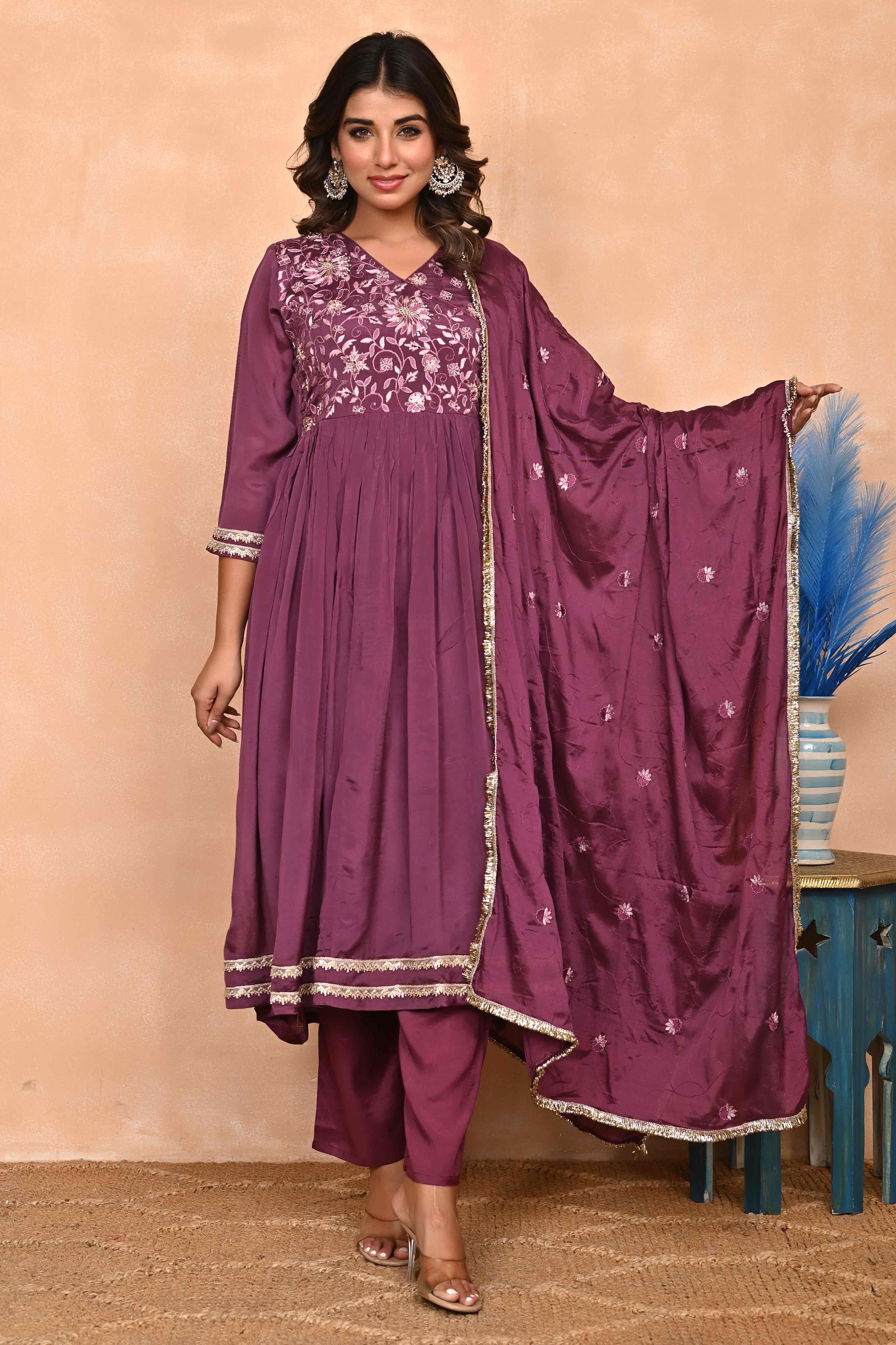 Plum Purple Chinon Anarkali with Floral Pattern & Hand-Beaded Embroidery