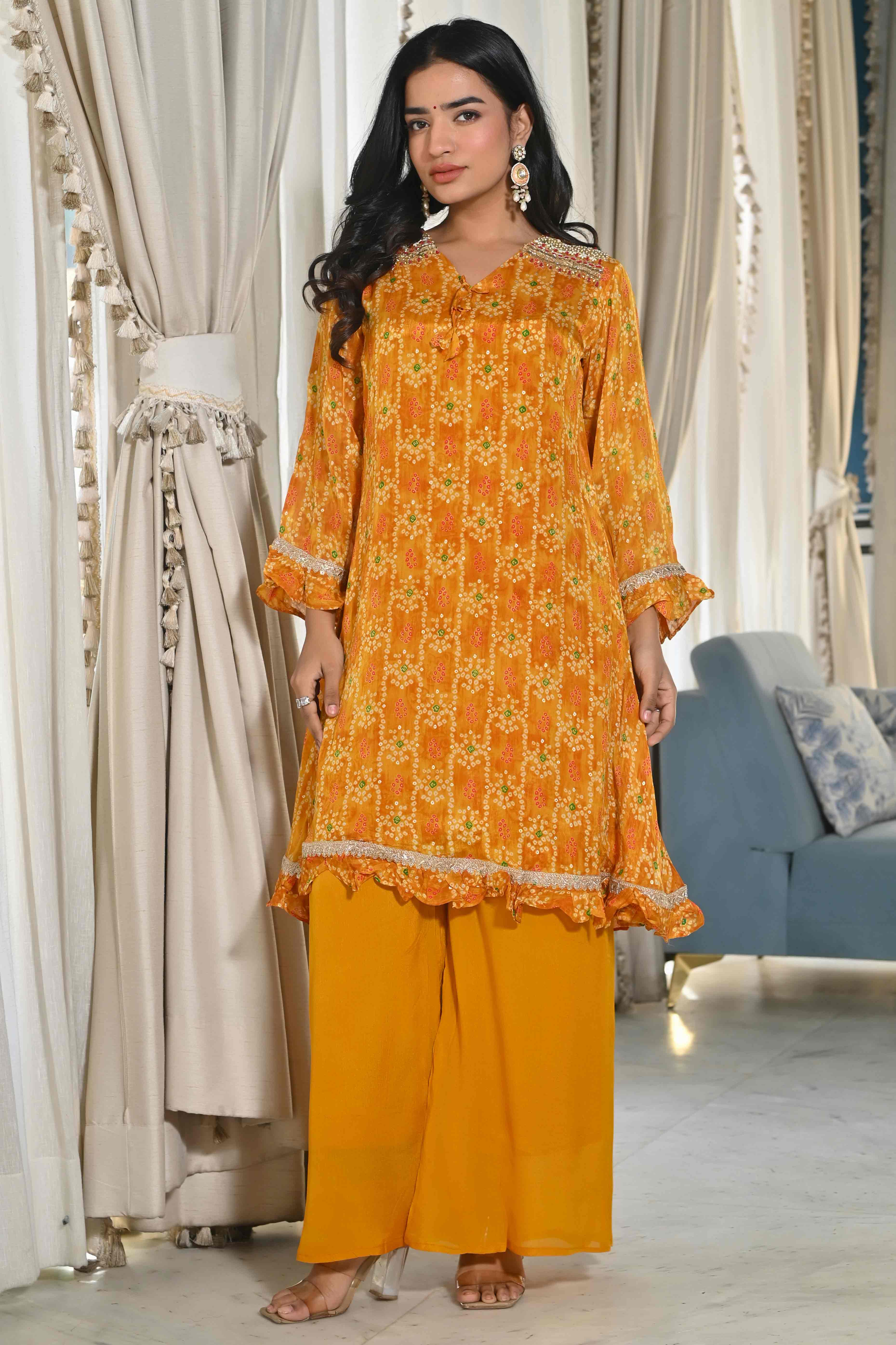 Mustard Bandhani Printed Chinon Co-Ord Set