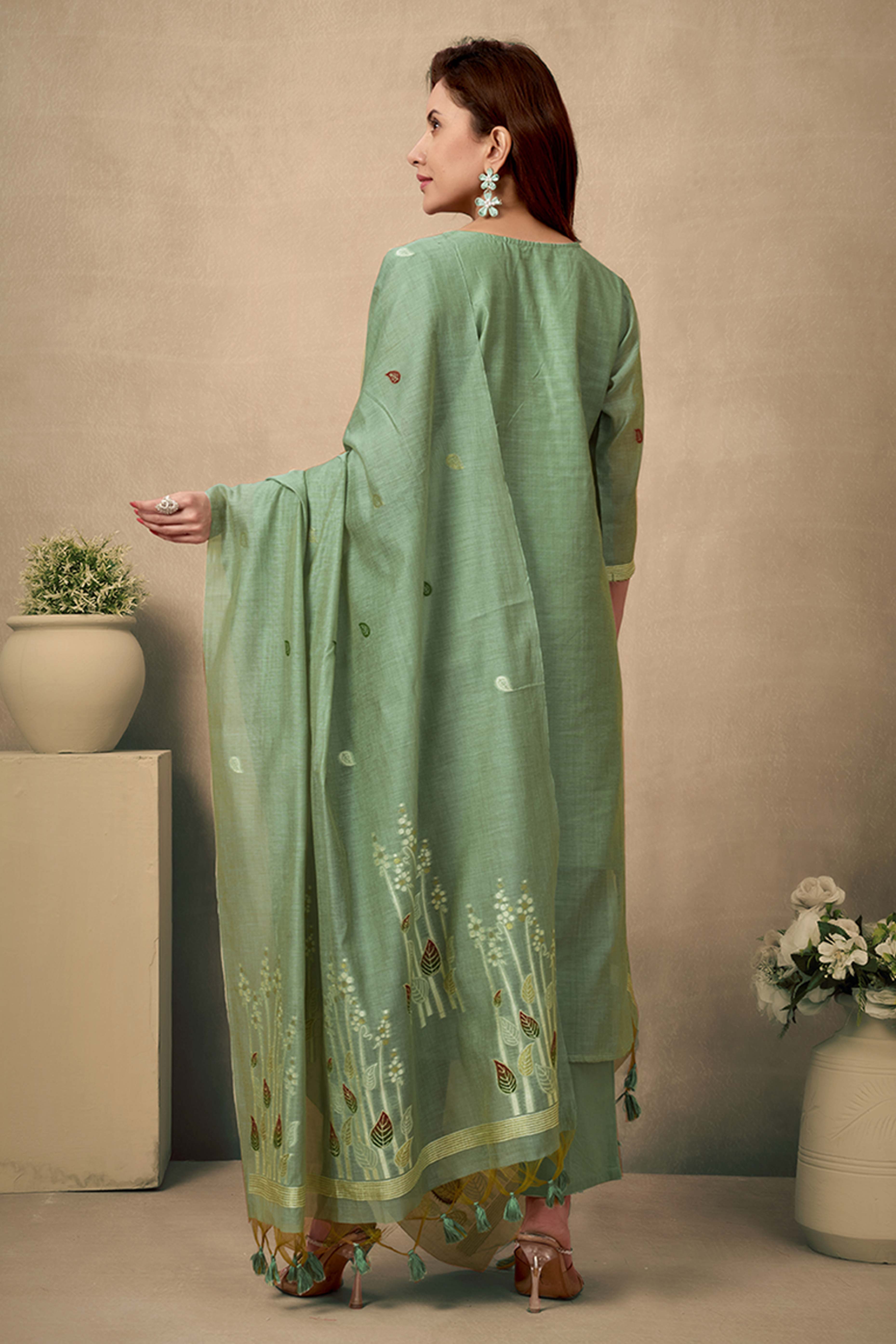 Light Green Hand-Embroidered Chanderi Jamdani Suit with Luxe Details