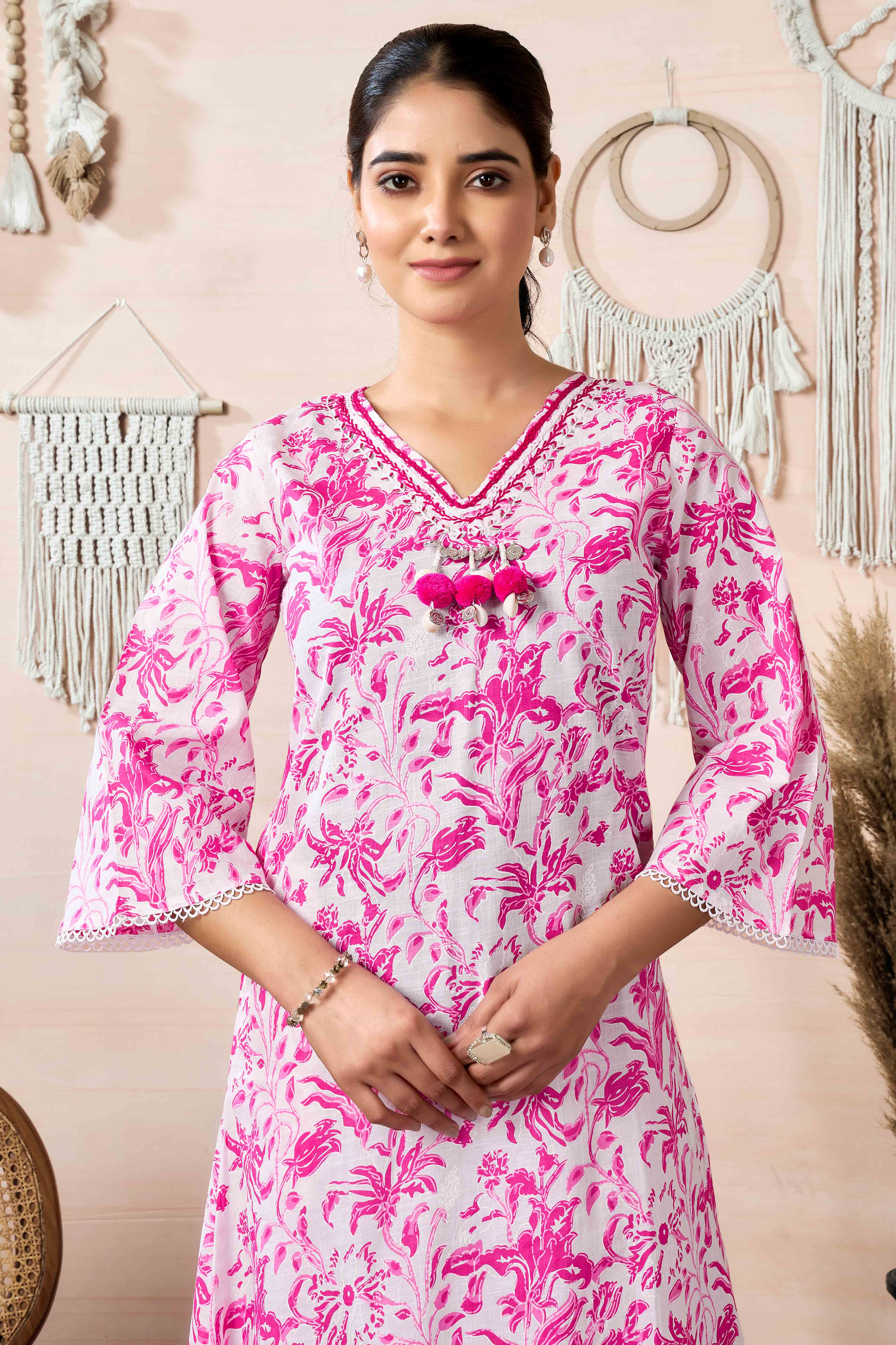 White & Pink Floral Printed Pure Cotton A-Line Top Bottom Set