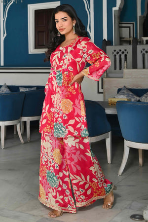 Pink Floral Printed Chinon Co-Ord Set With Shell Beads Work