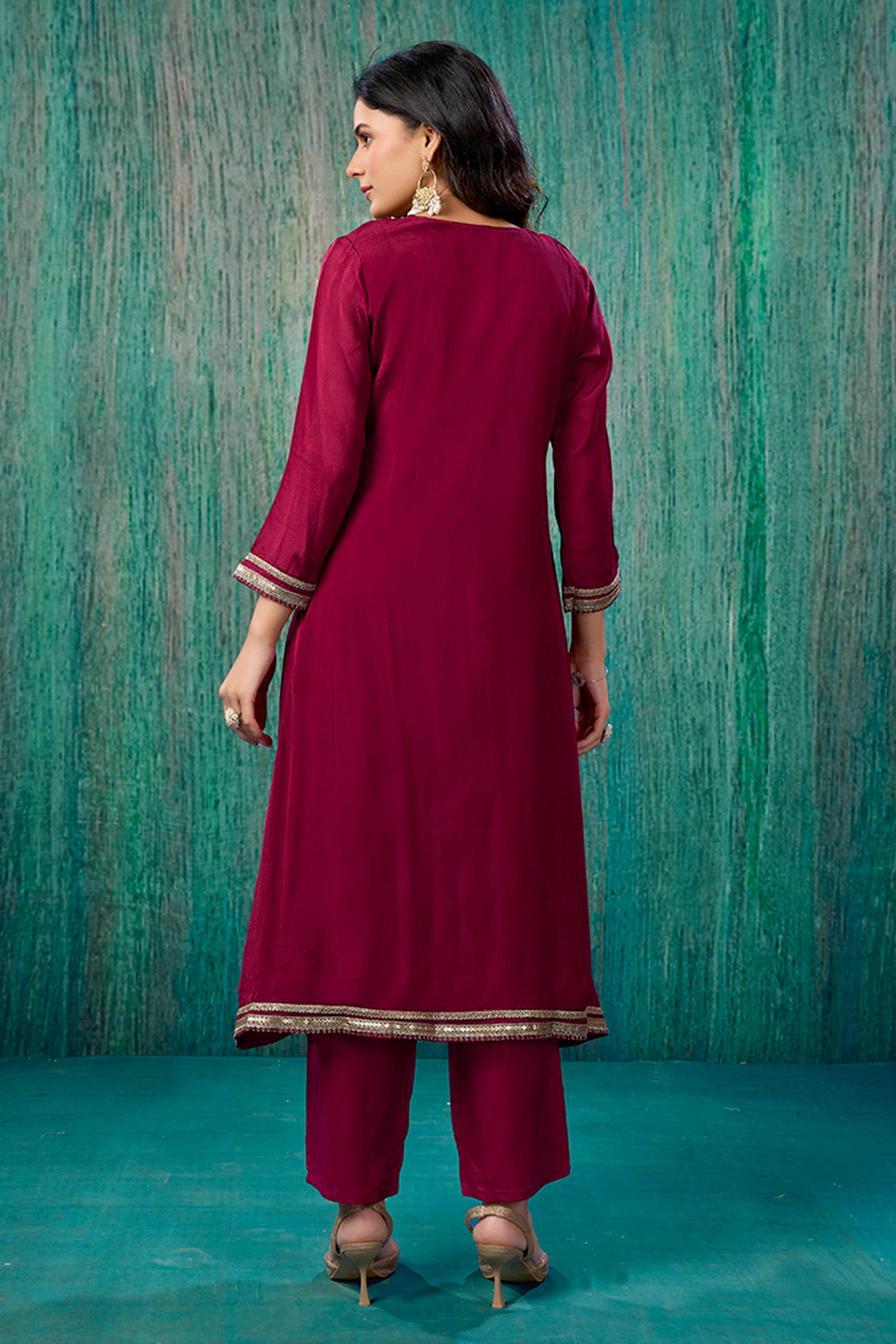 Maroon Floral Zardosi Embroidered Chinon Anarkali Salwar Suit