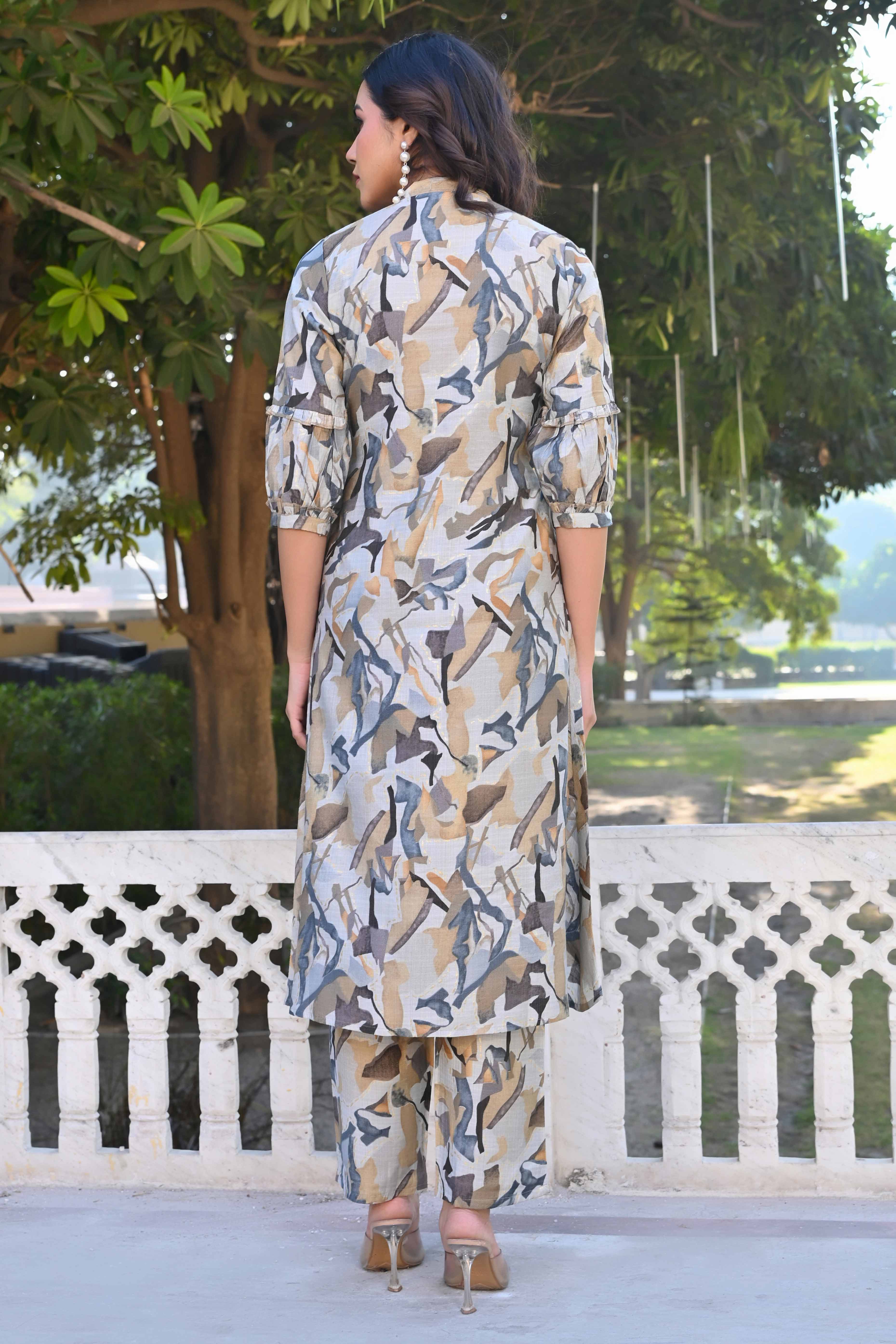Grey Printed Heavy Viscose A-Line Co-Ord Set