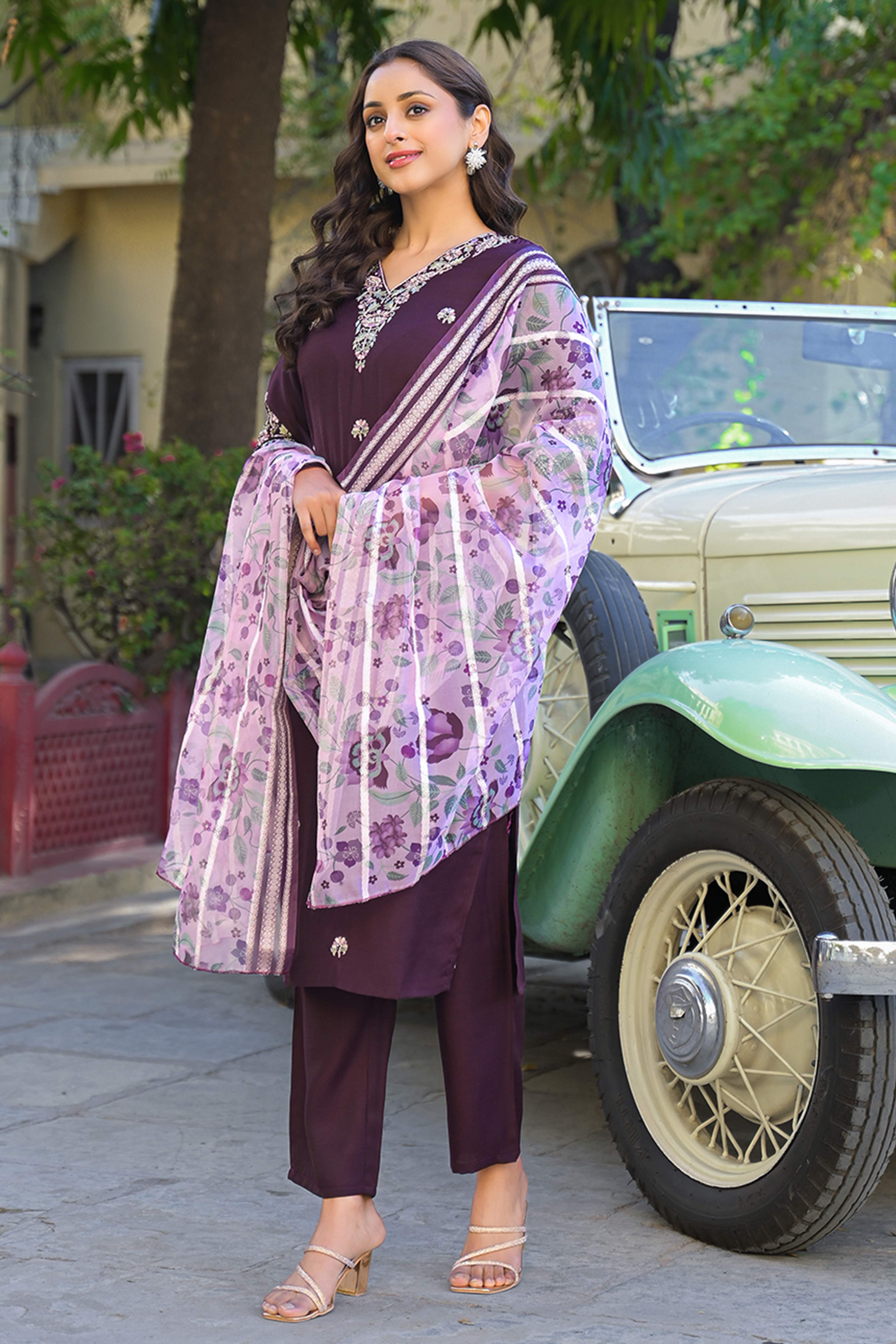 Wine Floral Embroidered Chanderi Straight Salwar Suit