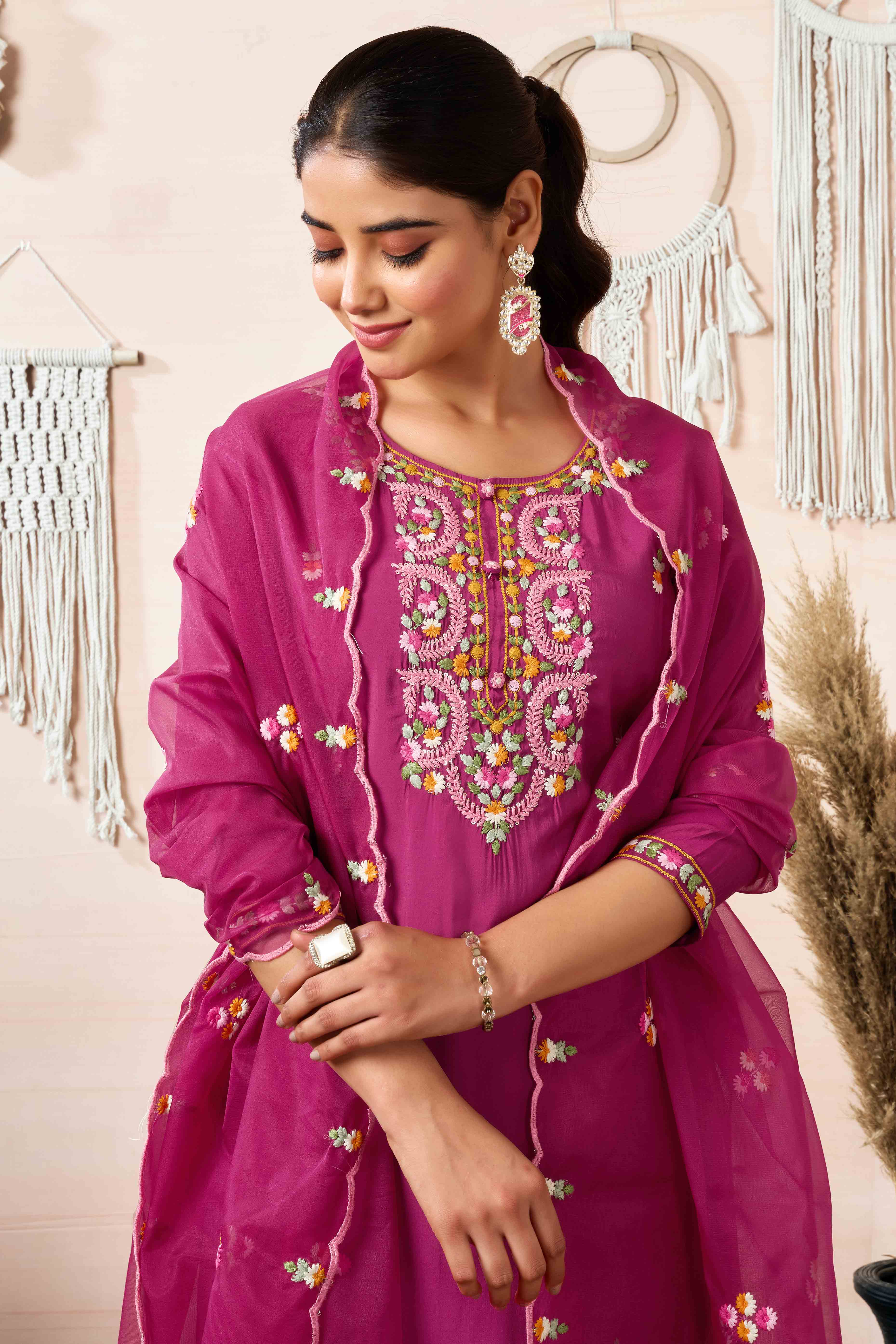 Burgundy Floral Embroidered Chanderi Silk Straight Salwar Suit