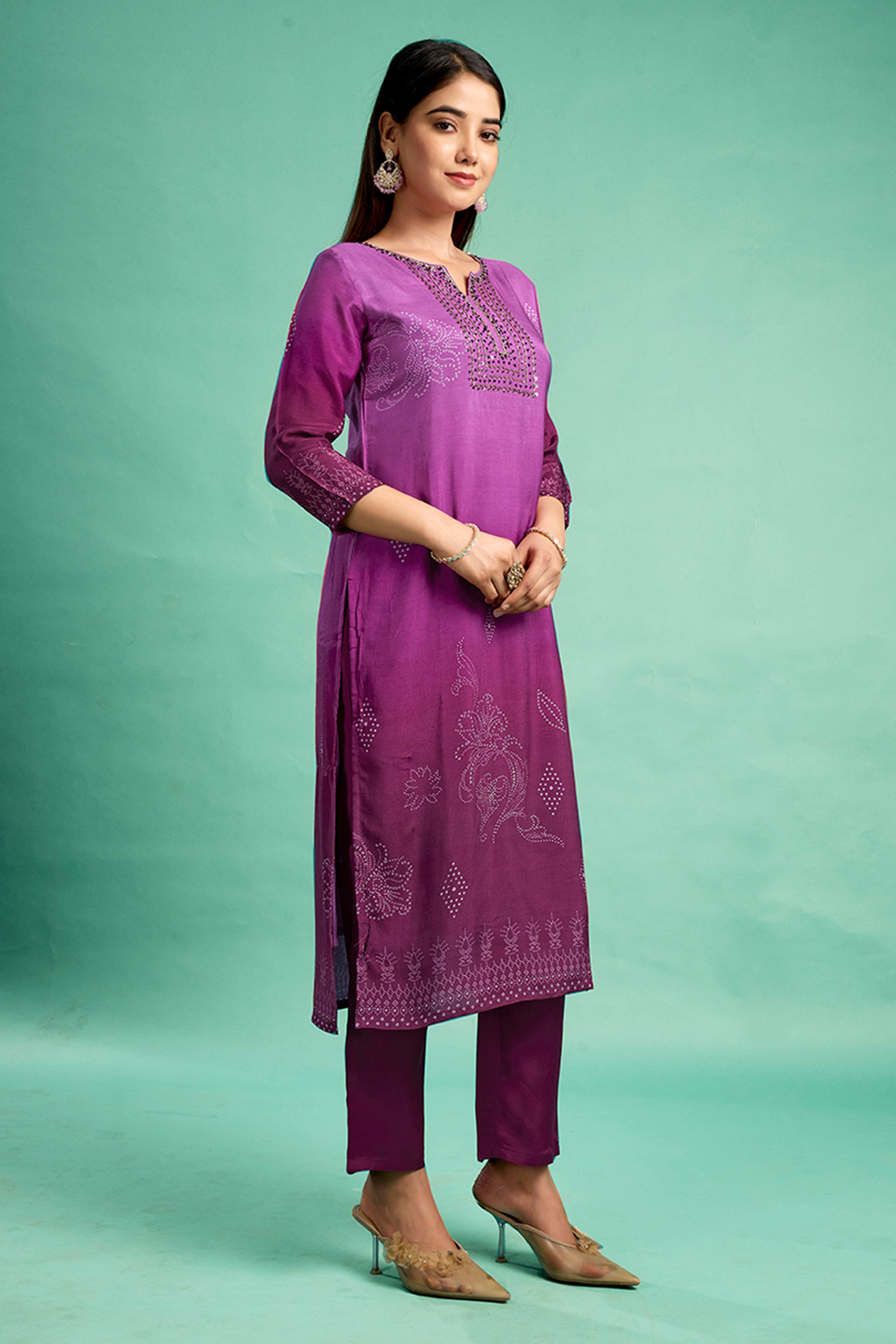 Purple Sequins Embroidered Muslin Straight Salwar Suit