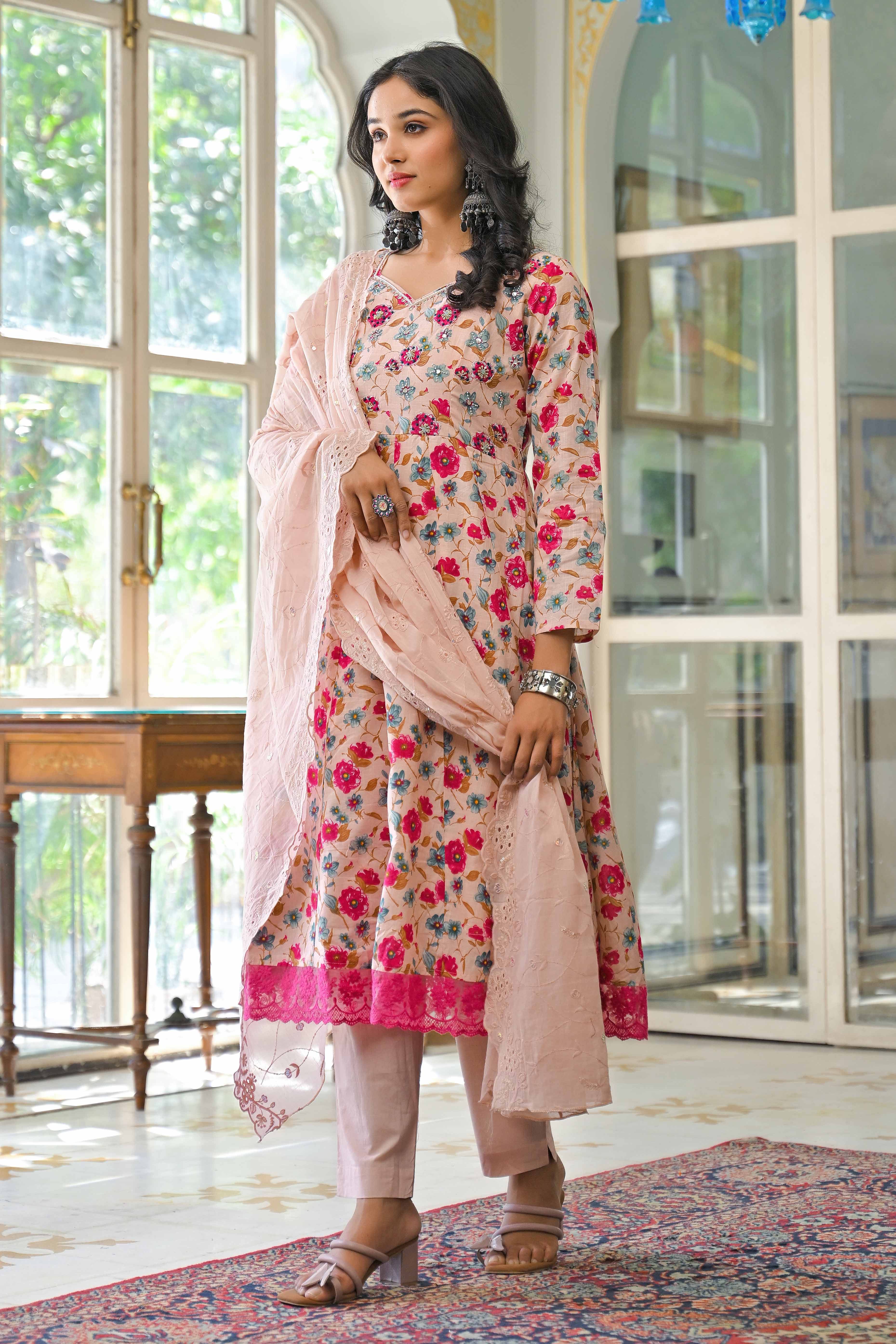 Light Pink Floral Printed Beads Work Pure Cotton Anarkali Salwar Suit