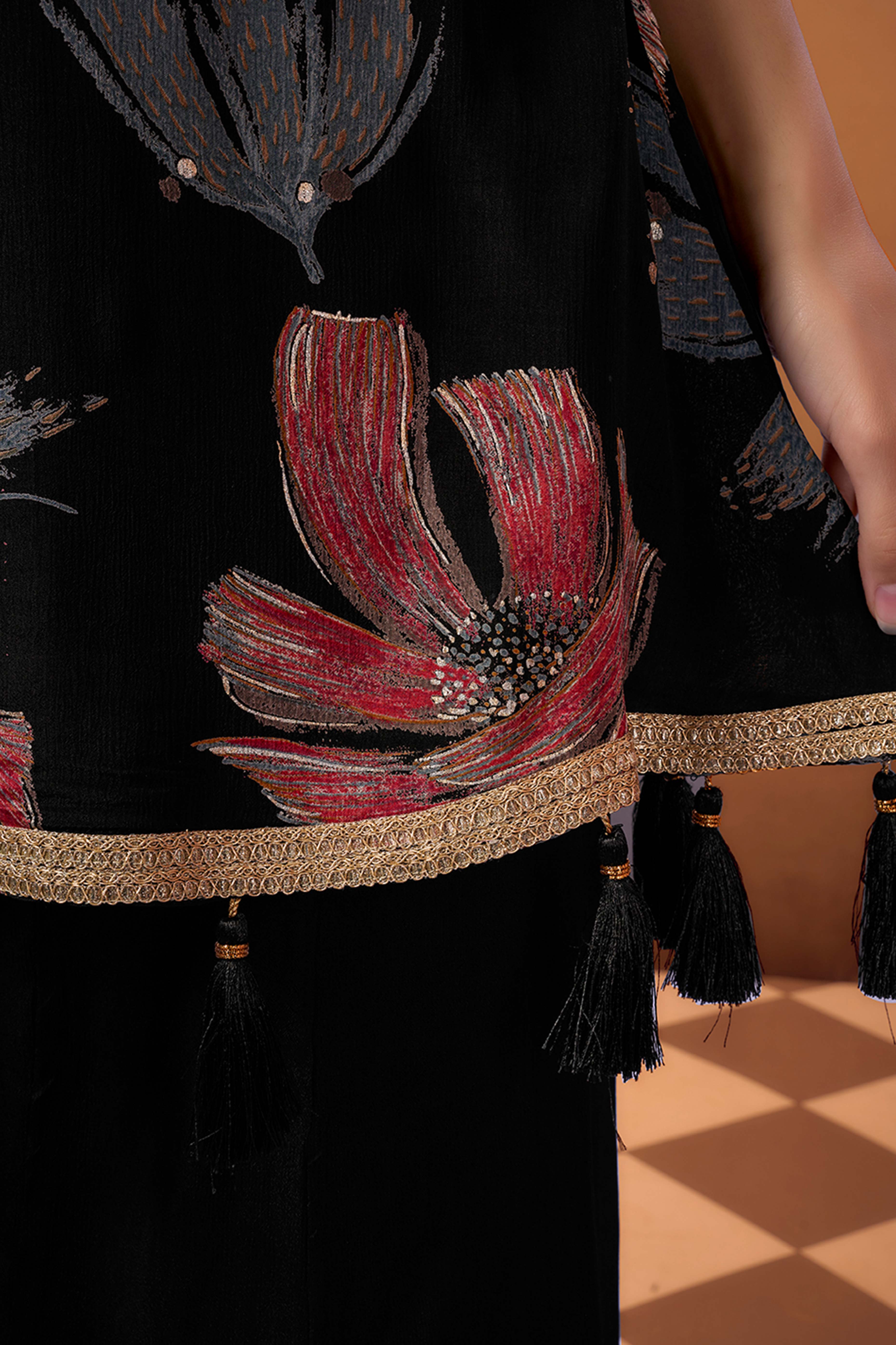 Black Floral Printed Beads Work Pure Chinon A-Line Salwar Suit