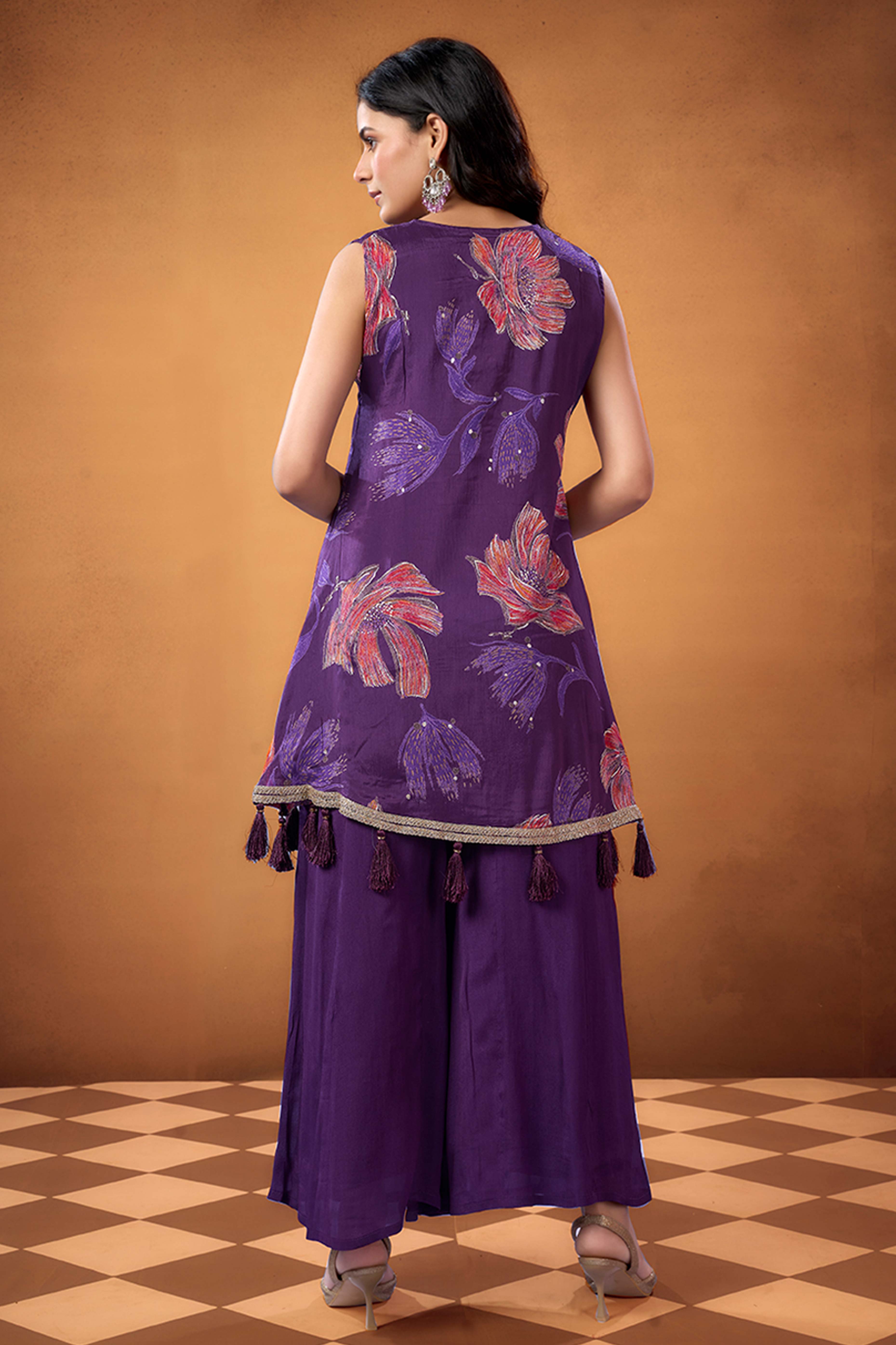Dark Purple Floral Printed Beads Work Pure Chinon A-Line Salwar Suit