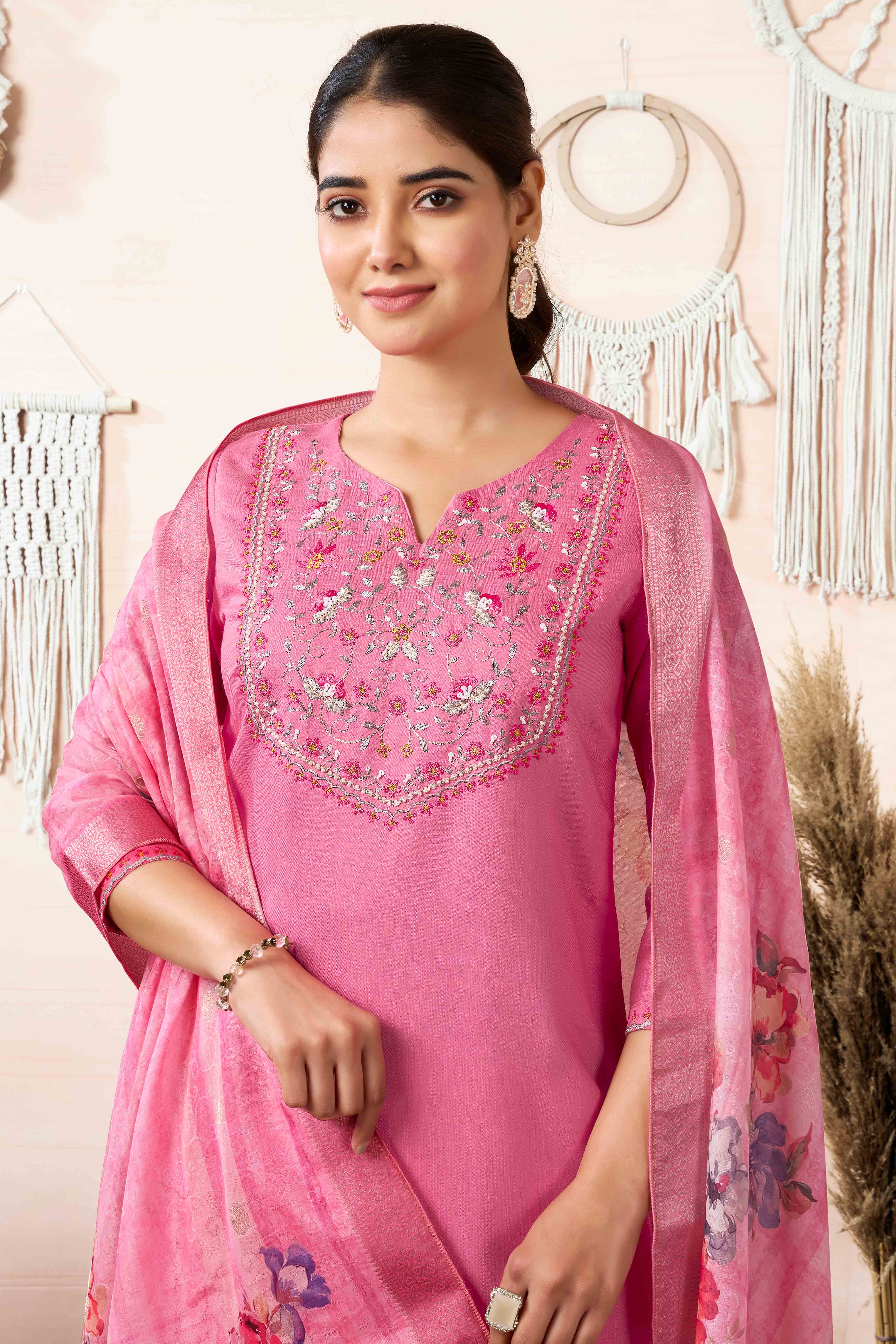 Pink Floral Embroidered Cotton Slub Straight Salwar Suit