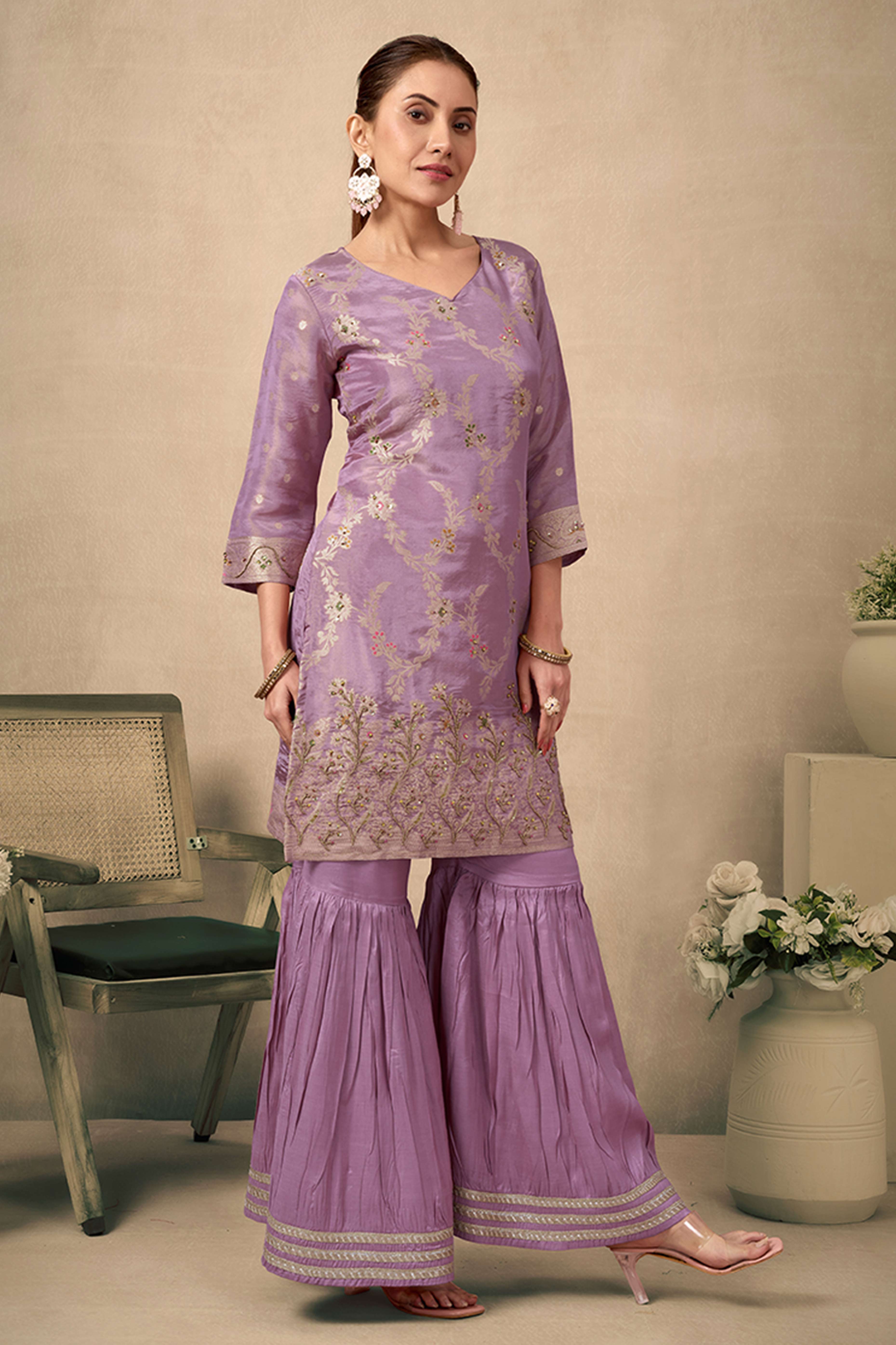 Mauve Floral Zari Woven Jacquard Sharara Suit With Exquisite Handwork