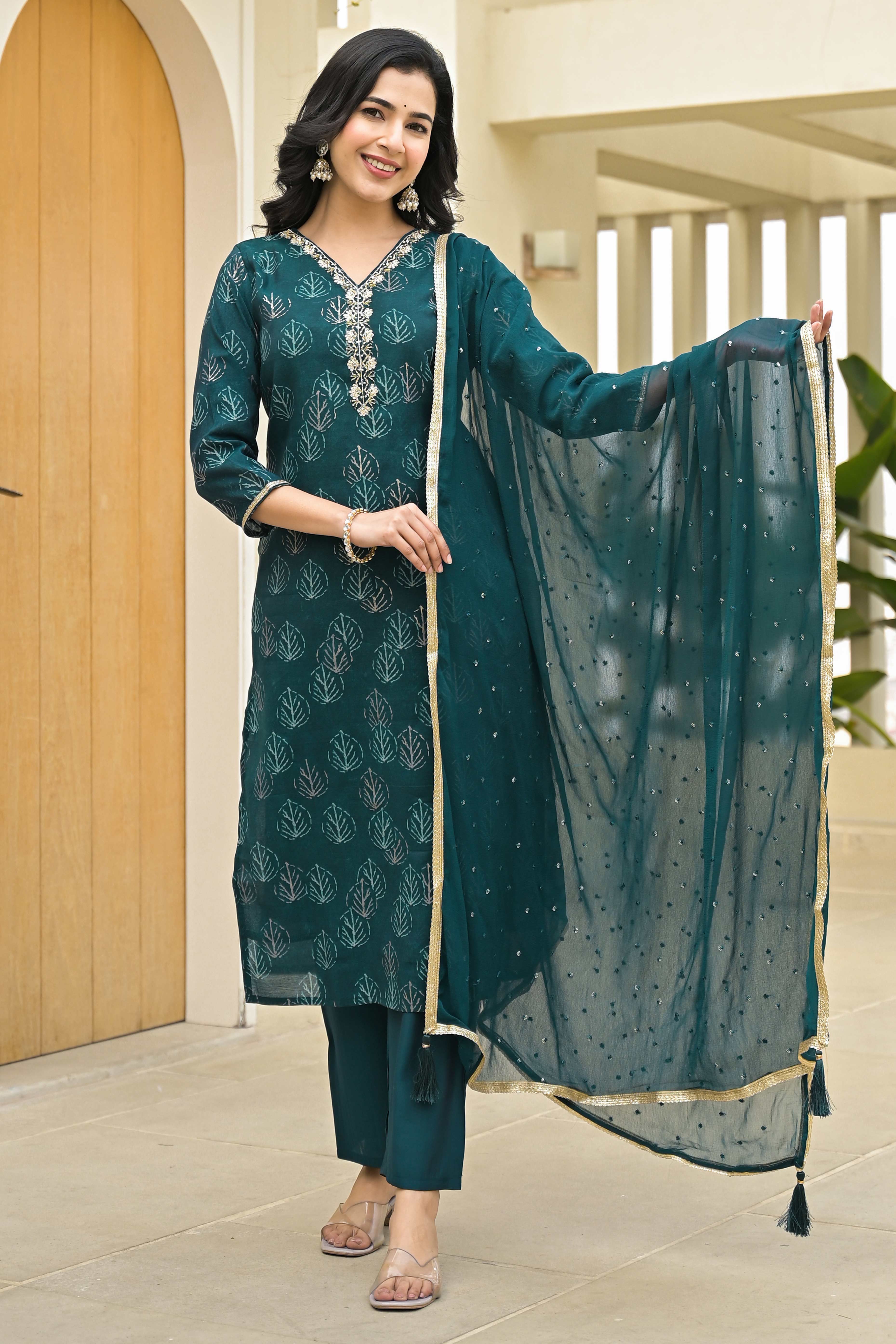Teal Foil Printed Chanderi Straight Salwar Suit