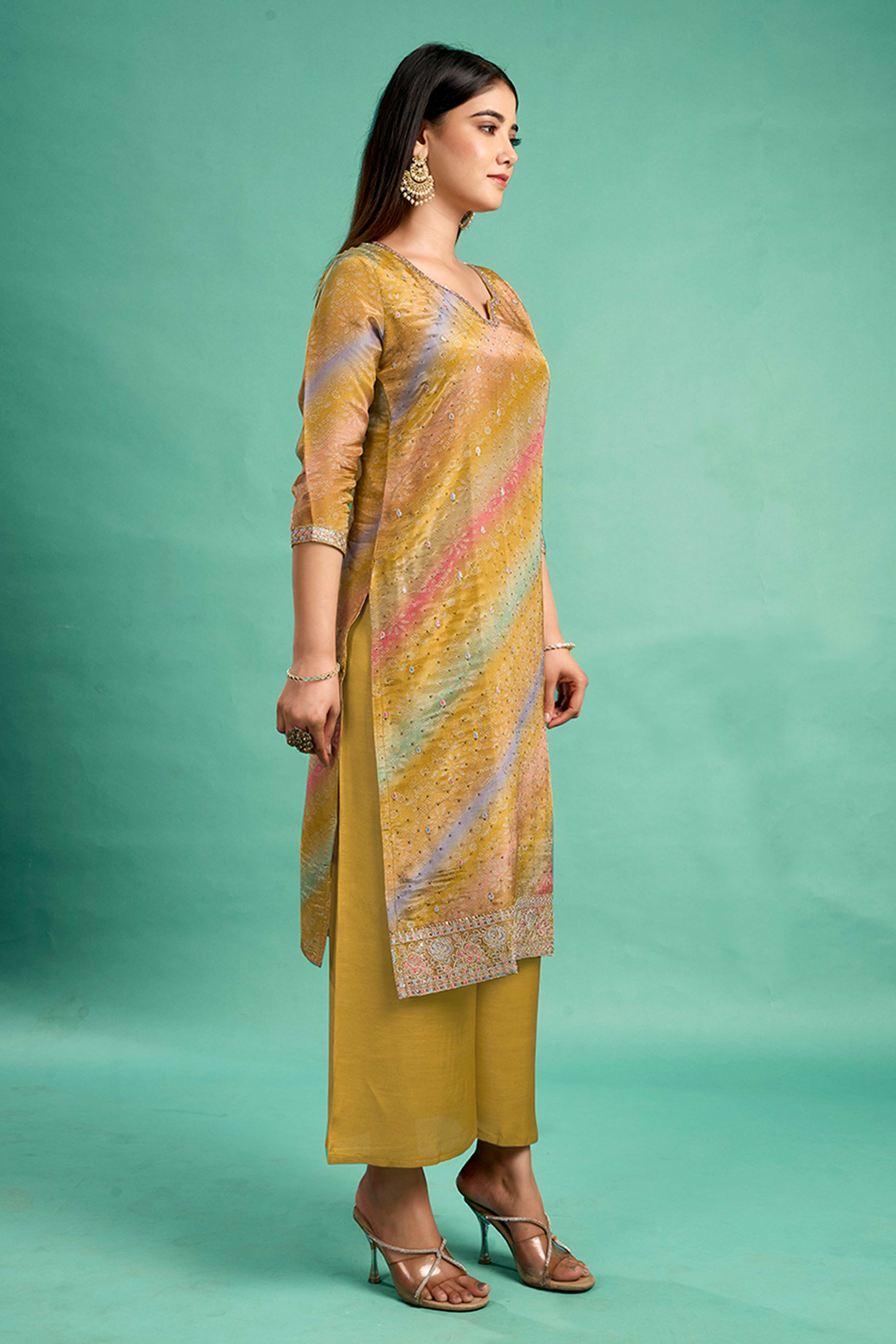 Mustard Pure Shimmer Straight Suit with Stone Embroidery