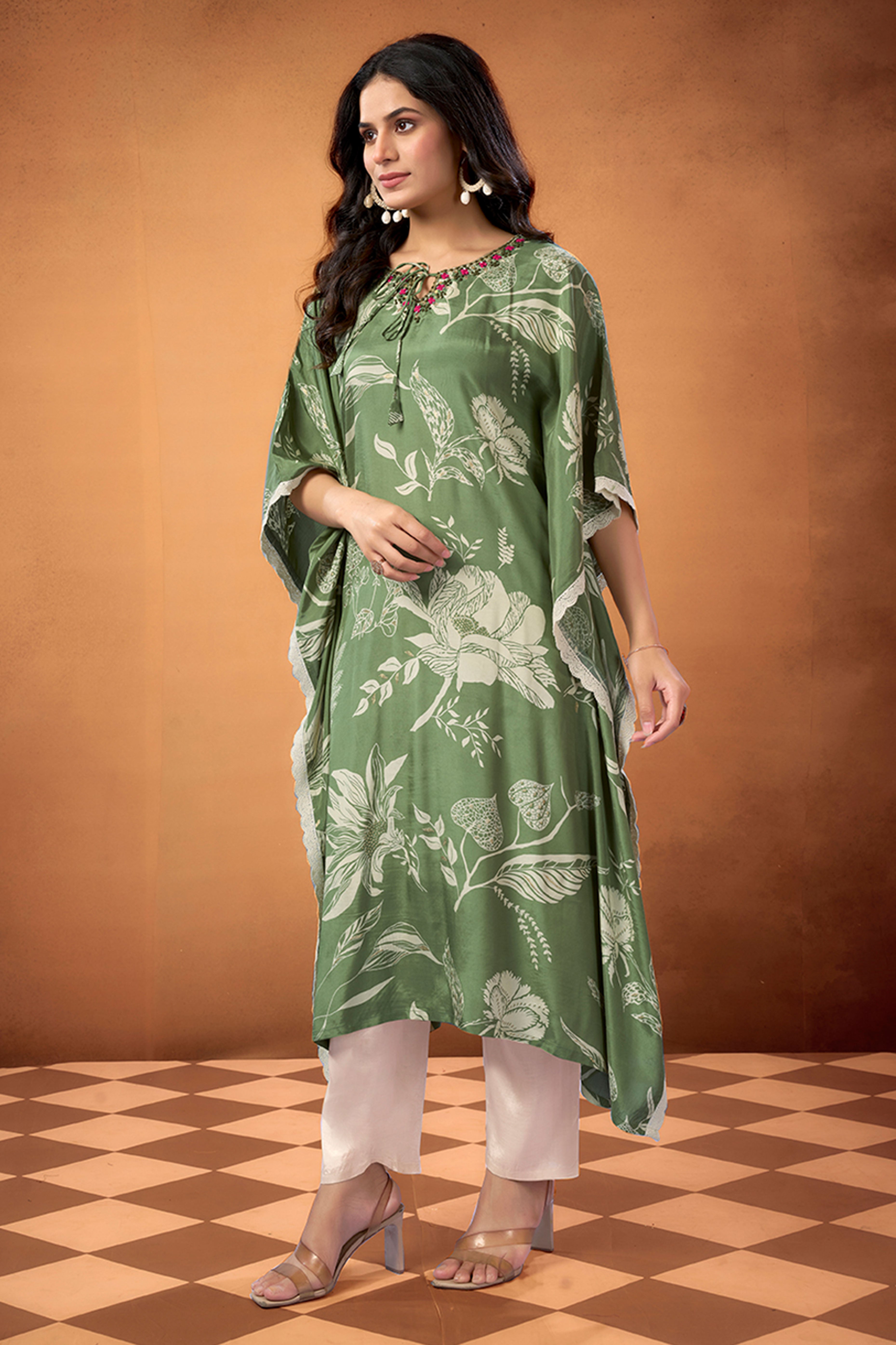 Green Floral Printed Muslin Kaftan Top Bottom Set