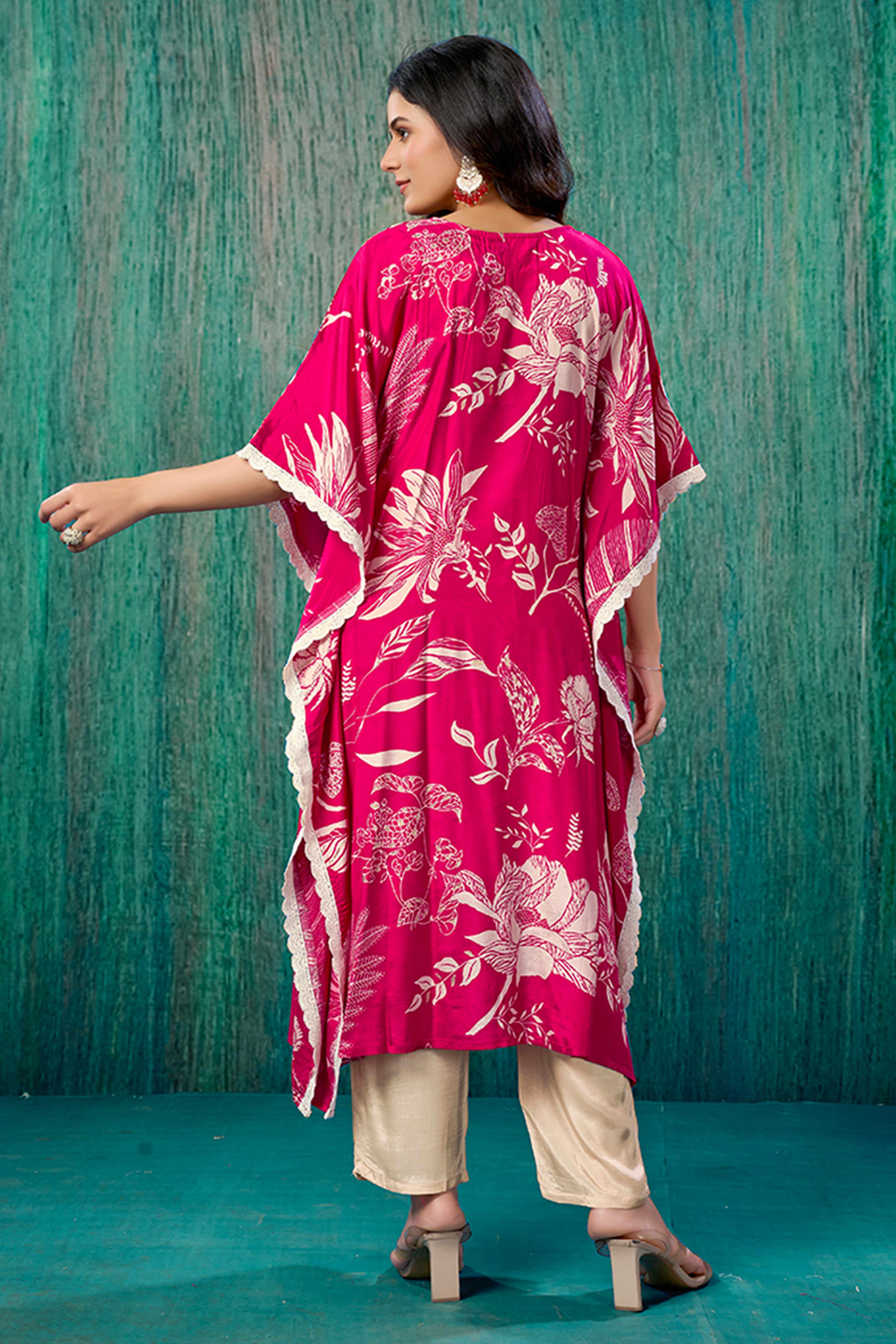 Pink Floral Printed Muslin Kaftan Top Bottom Set