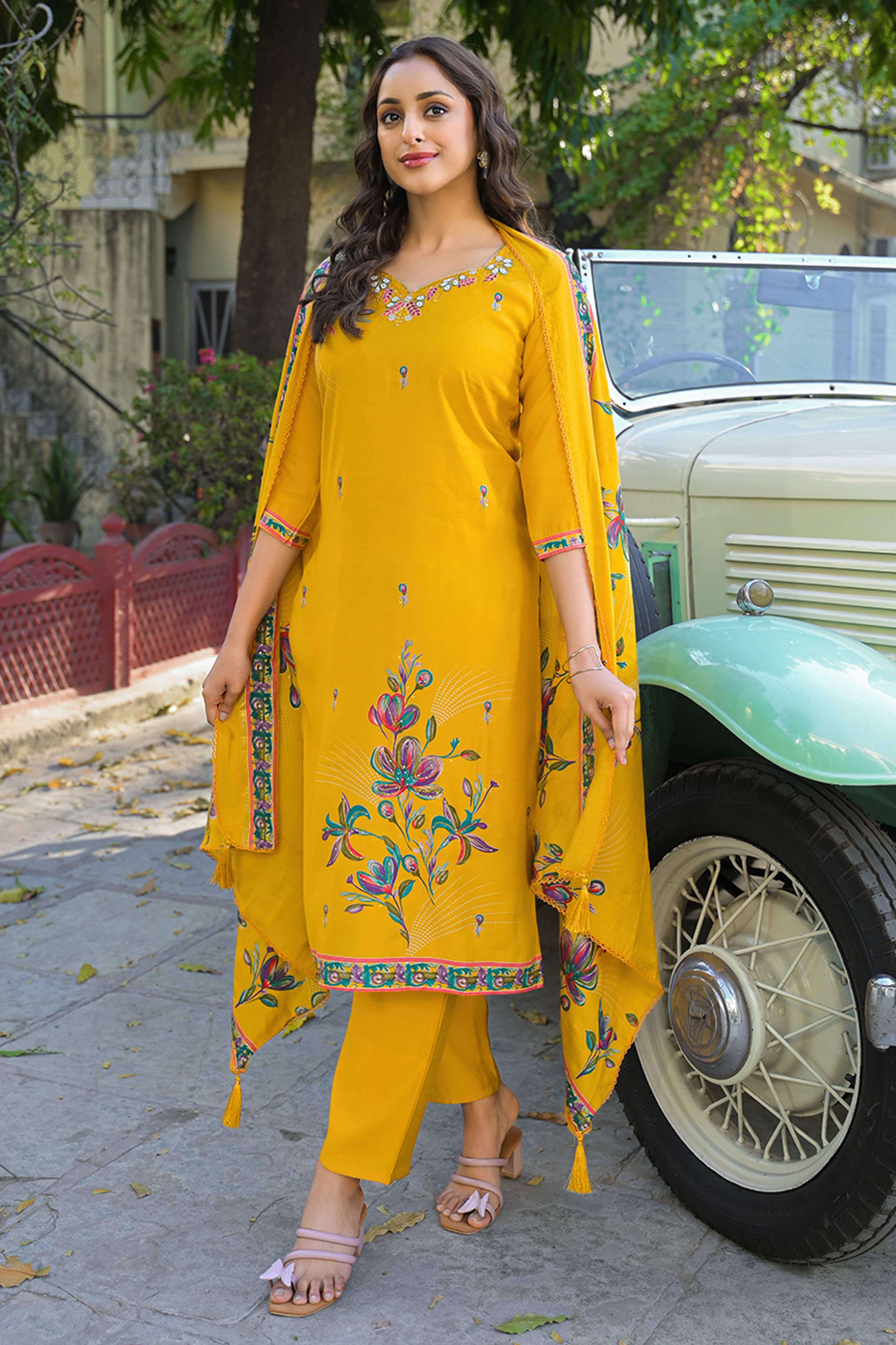 Mustard Floral Printed Thread Work Chanderi Silk Straight Salwar Suit