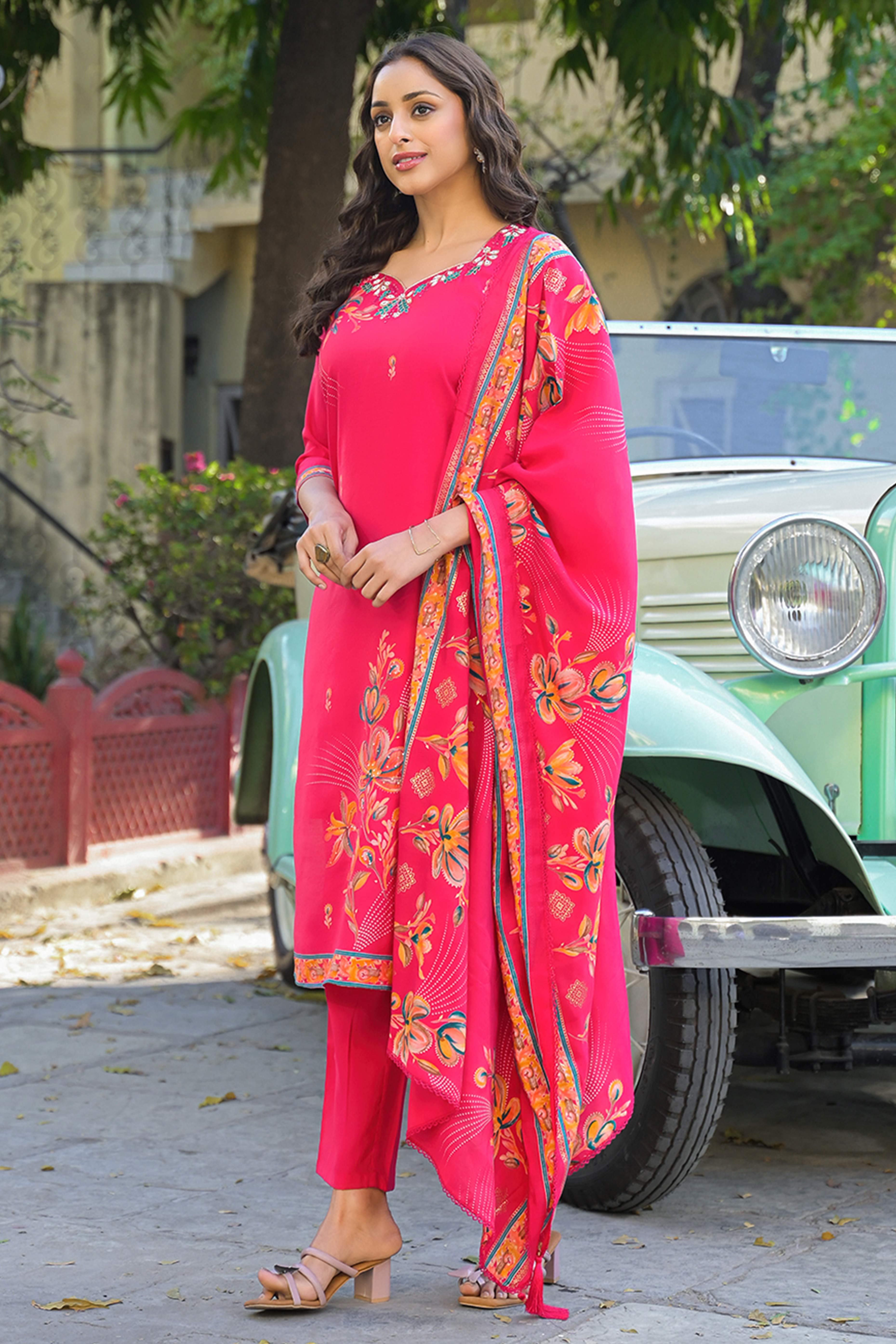 Pink Floral Printed Thread Work Chanderi Silk Straight Salwar Suit