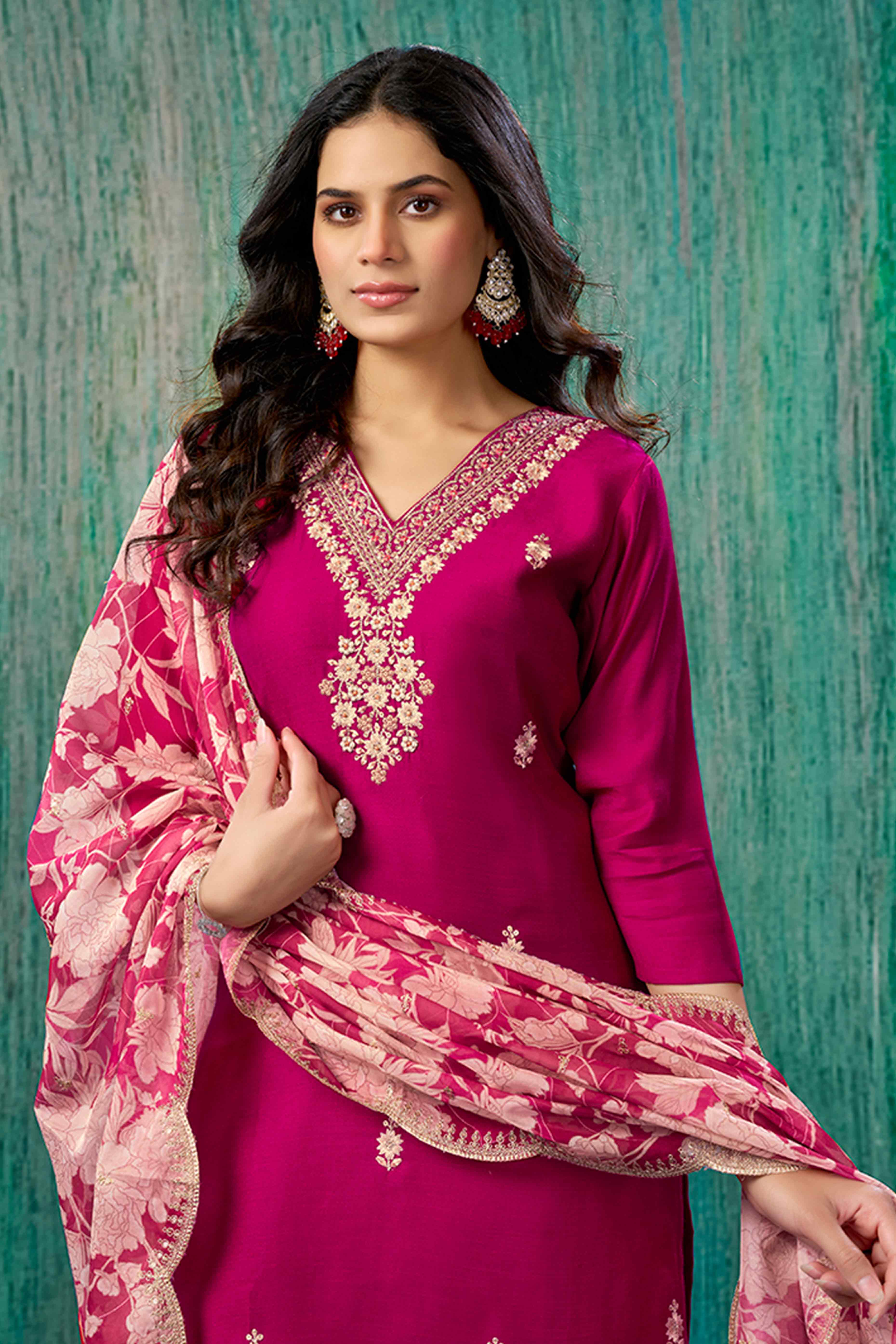 Rani Pink Beads Work Embroidered Chanderi Straight Salwar Suit