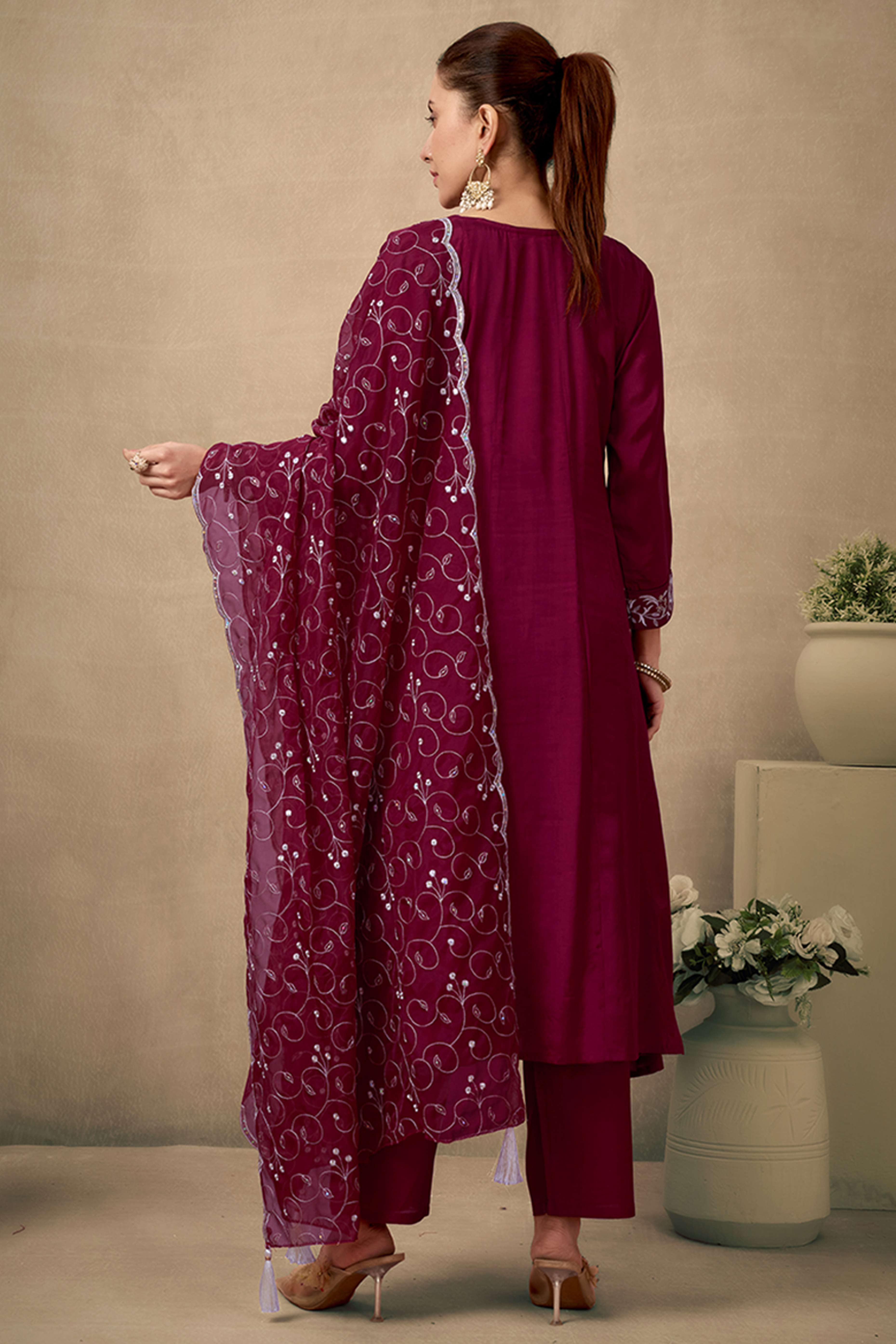 Maroon Silk Blend Anarkali Suit With Floral Sequins Embroidery