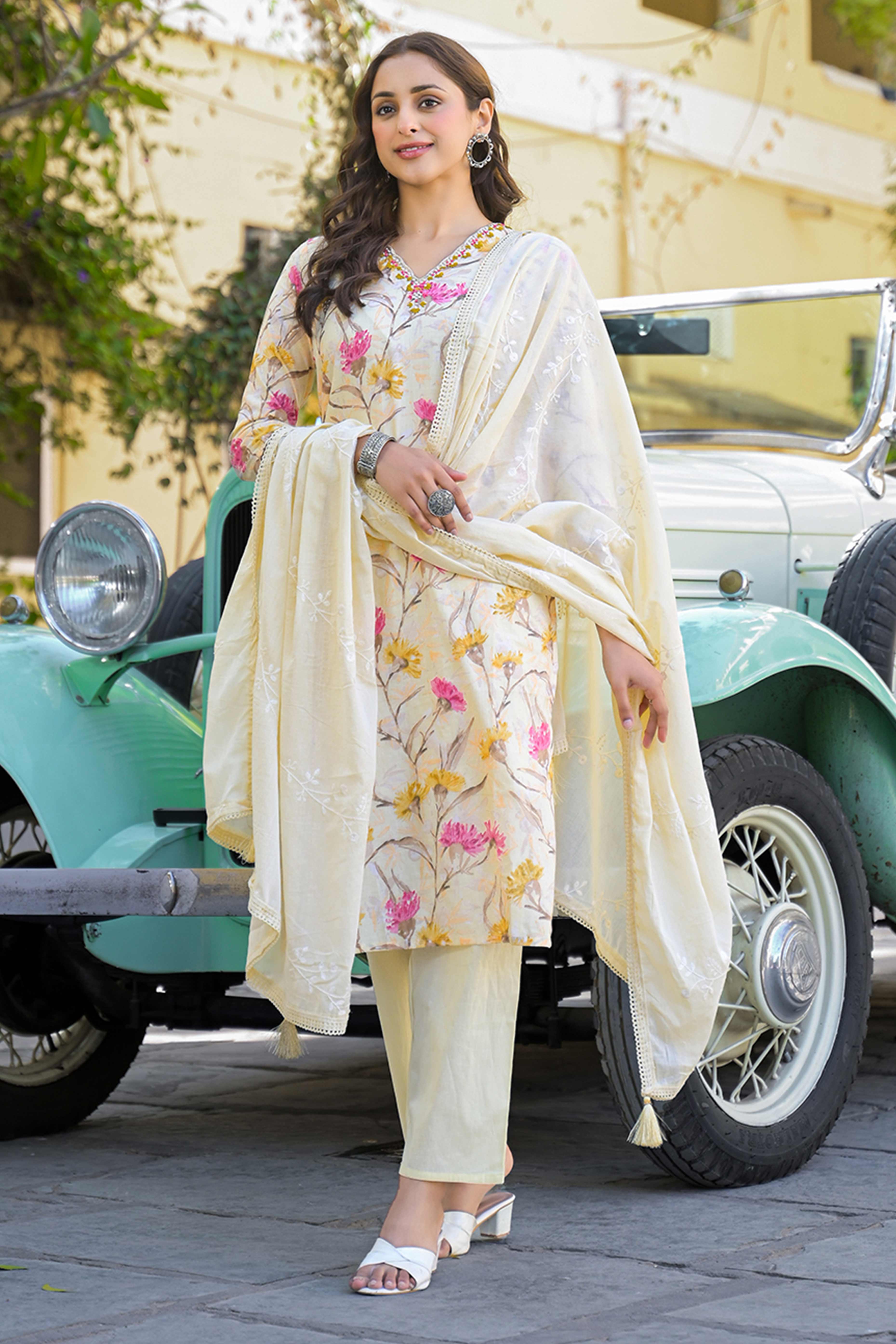 Light Yellow Floral Printed Thread Work Pure Cotton Straight Salwar Suit