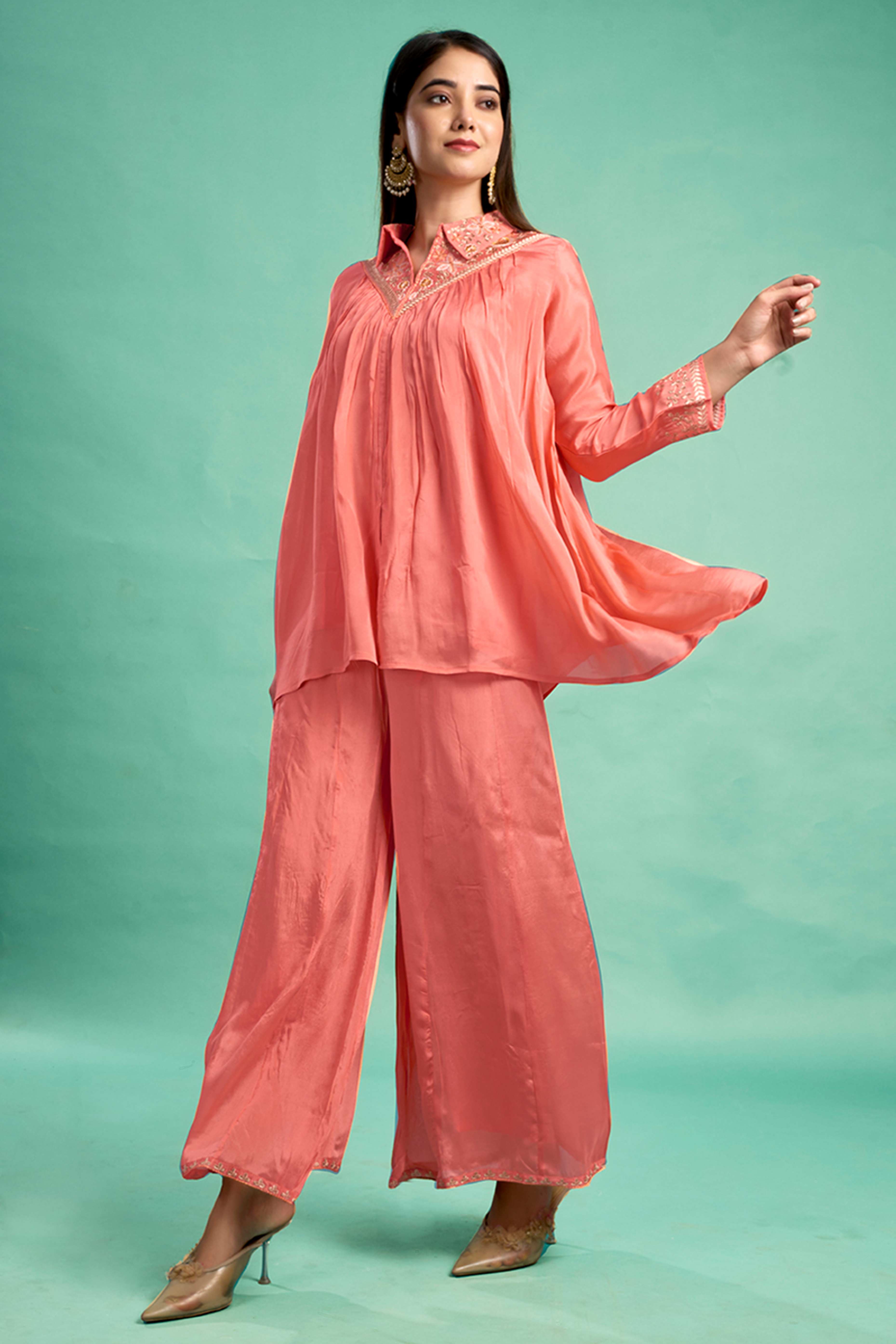 Peach Embroidered Chinon A-Line Co-Ord Set