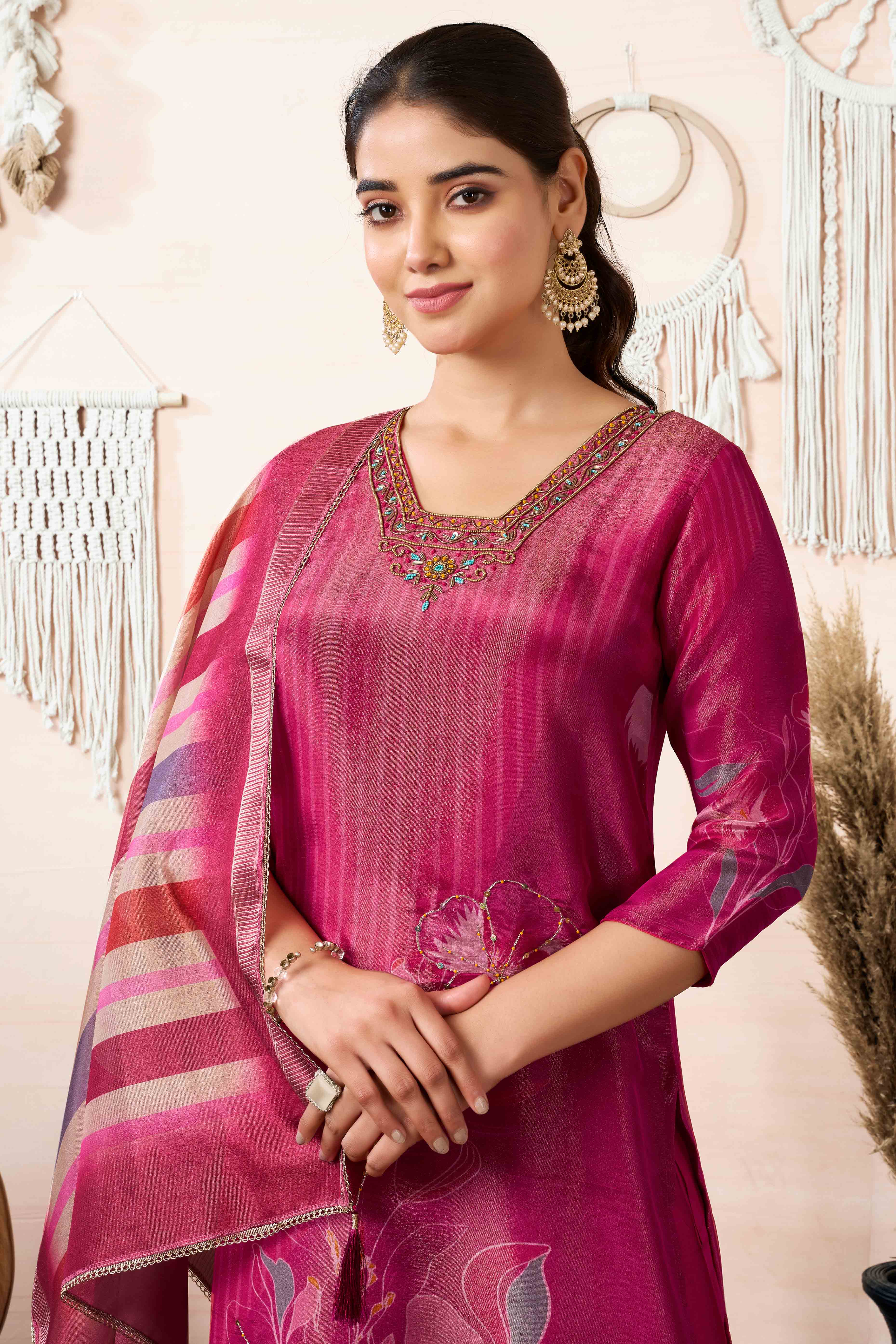 Pink Beads Work Cotton Silk Straight Salwar Suit