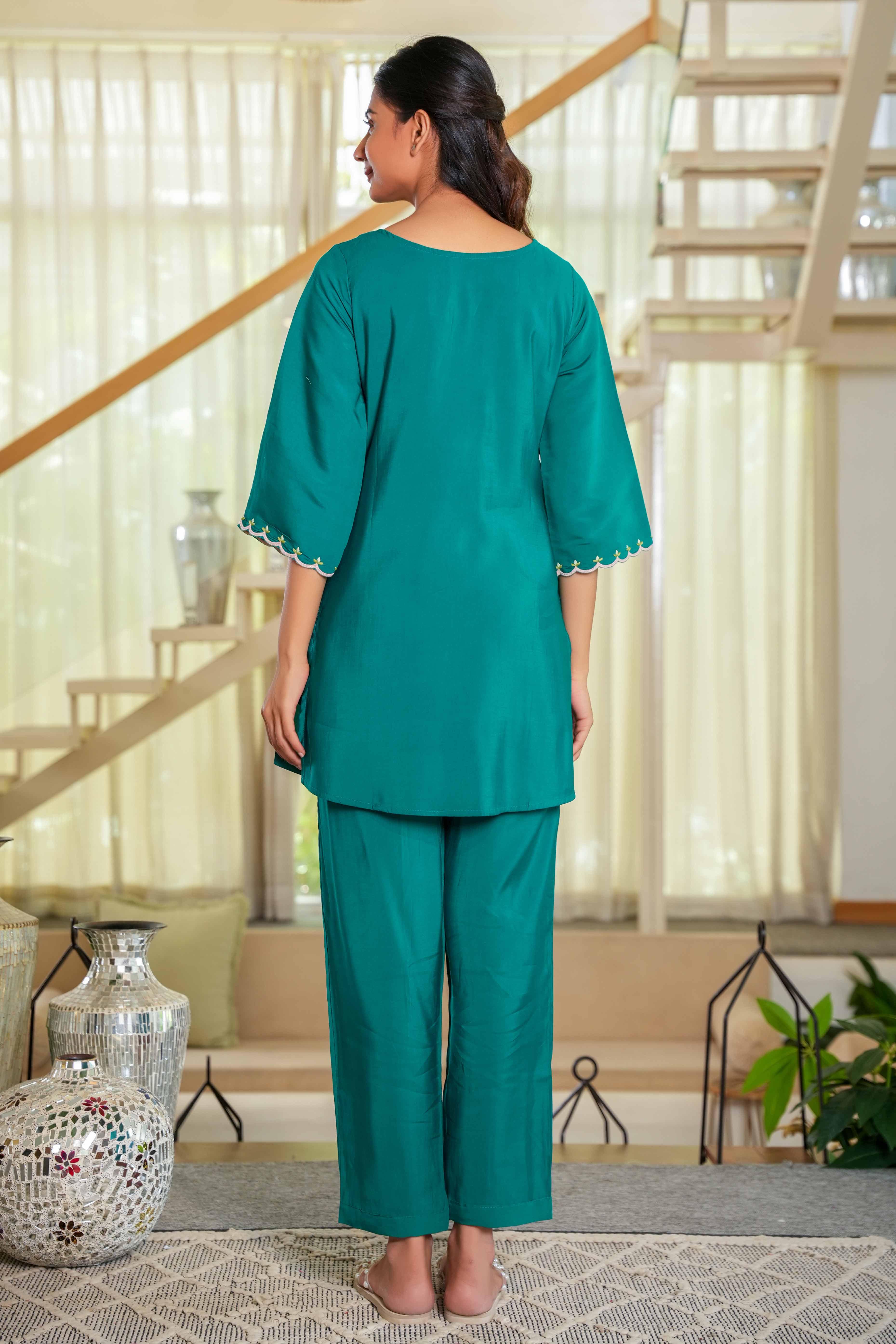 Refreshing Dark Sea Green Chinon Straight Co-Ord Set Adorned With Floral Sequins Embroidery