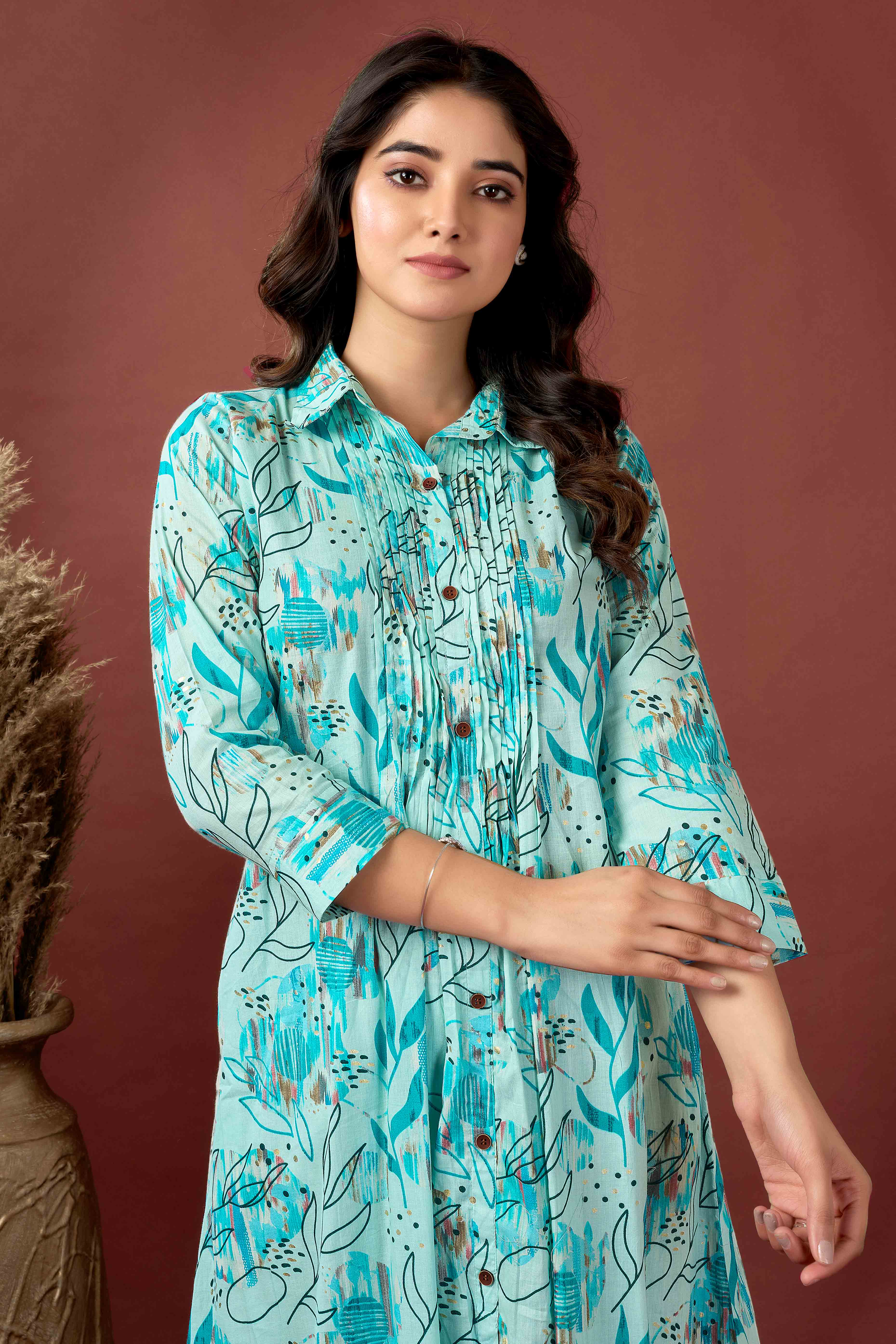 Light Blue Floral Printed Pure Cotton A-Line Kurti