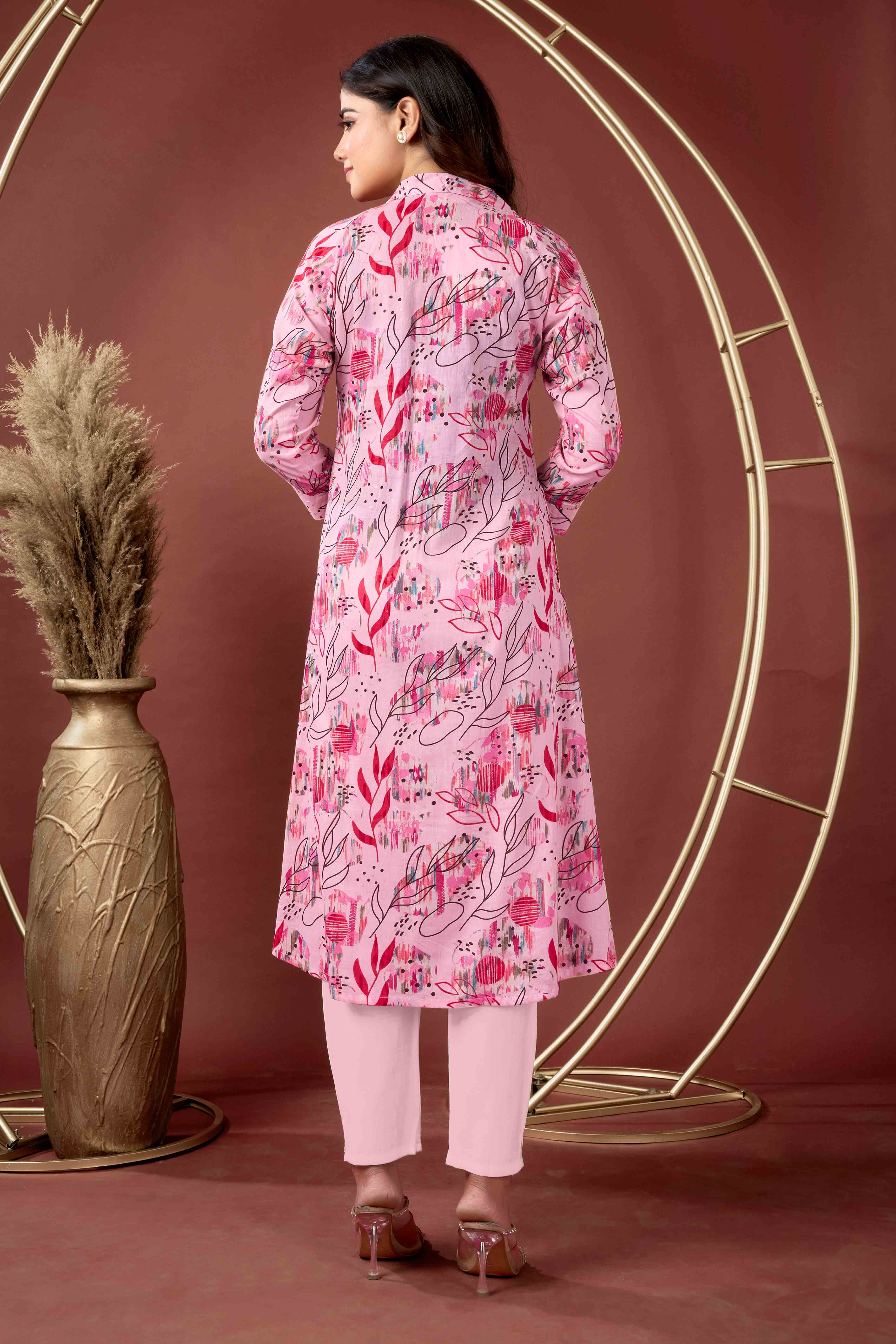 Light Peach Floral Printed Pure Cotton A-Line Kurti