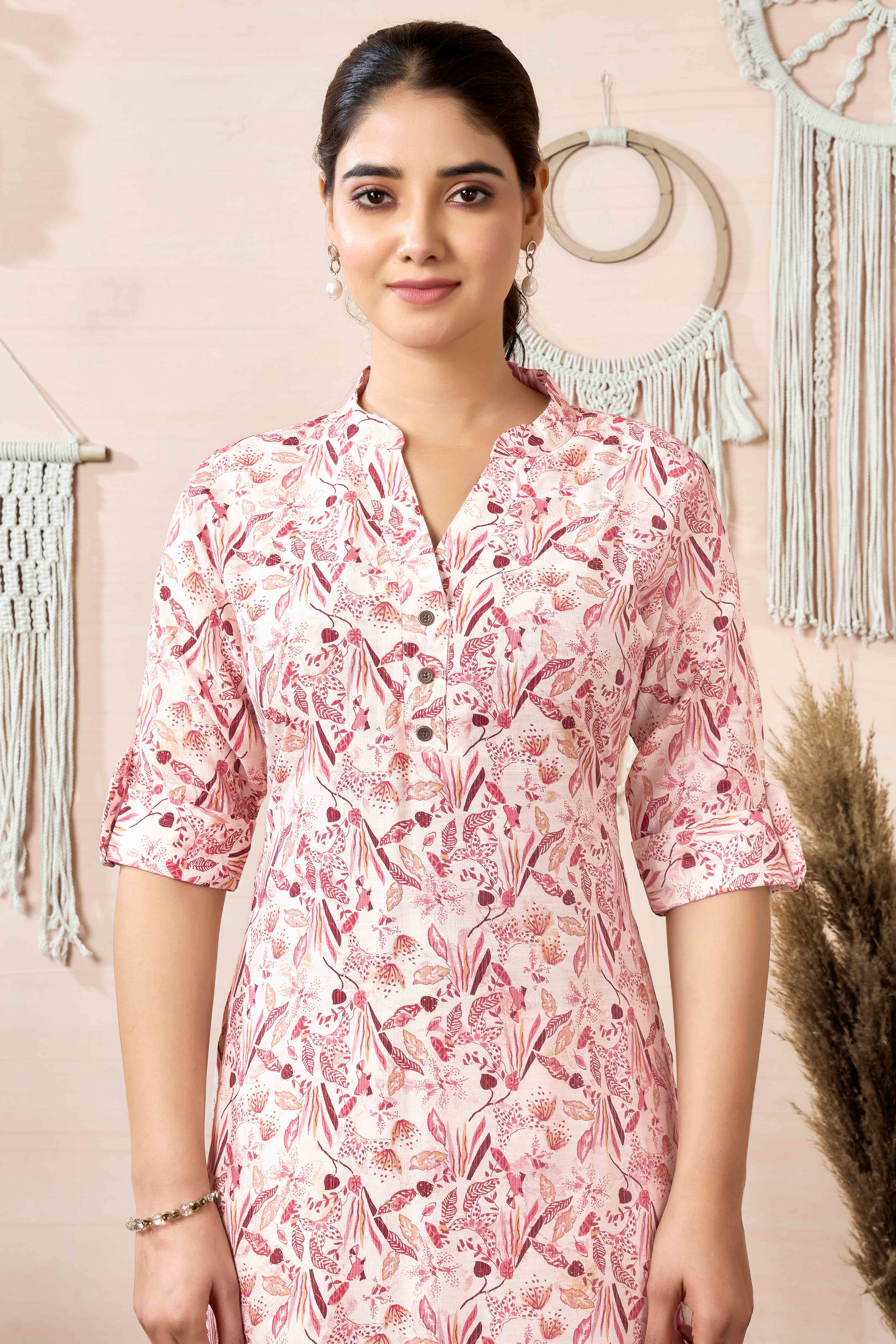 Off White & Wine Floral Printed Pure Cotton Slub Straight Kurti