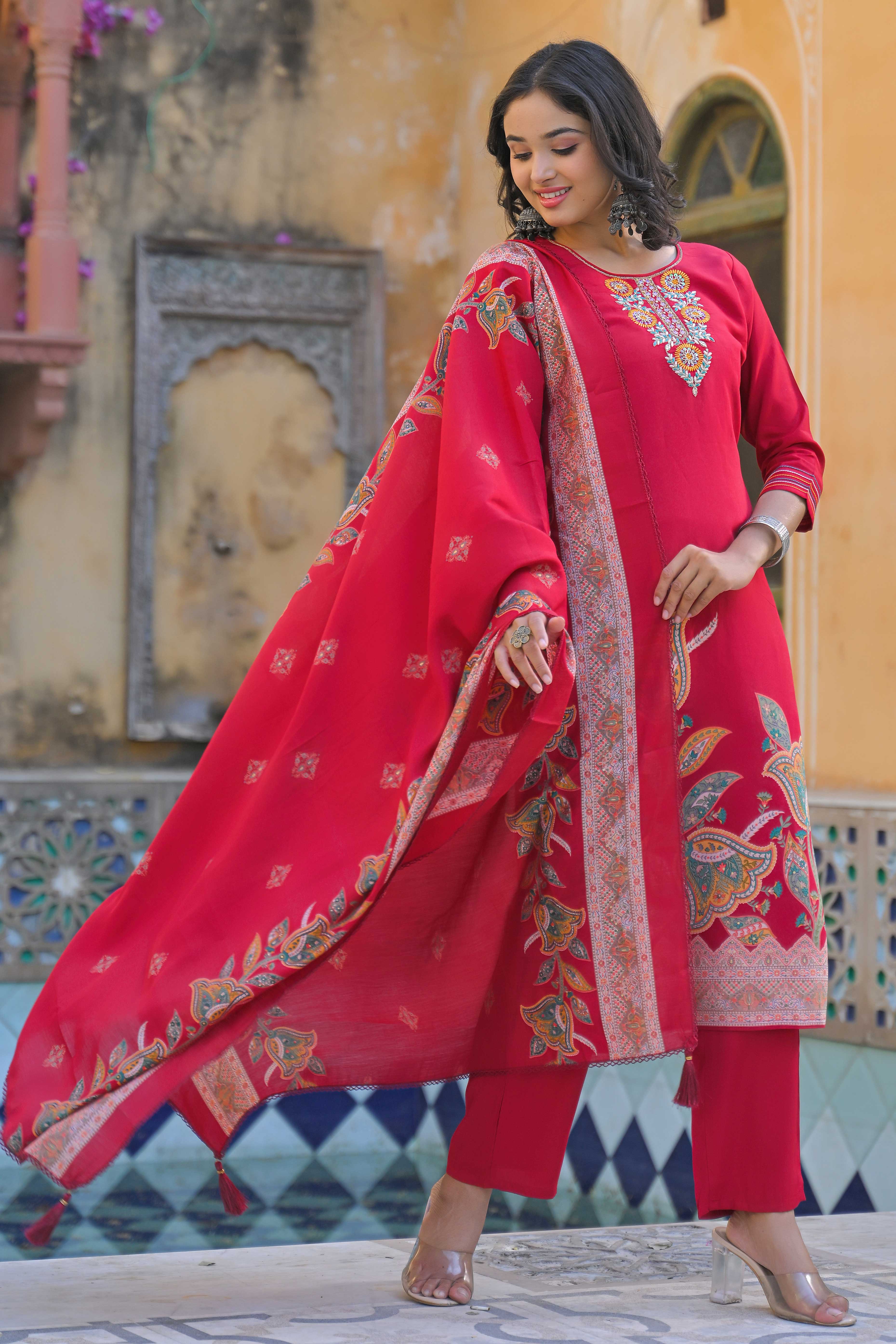 Pink Floral Handwork Embroidered Chanderi Silk Straight Salwar Suit