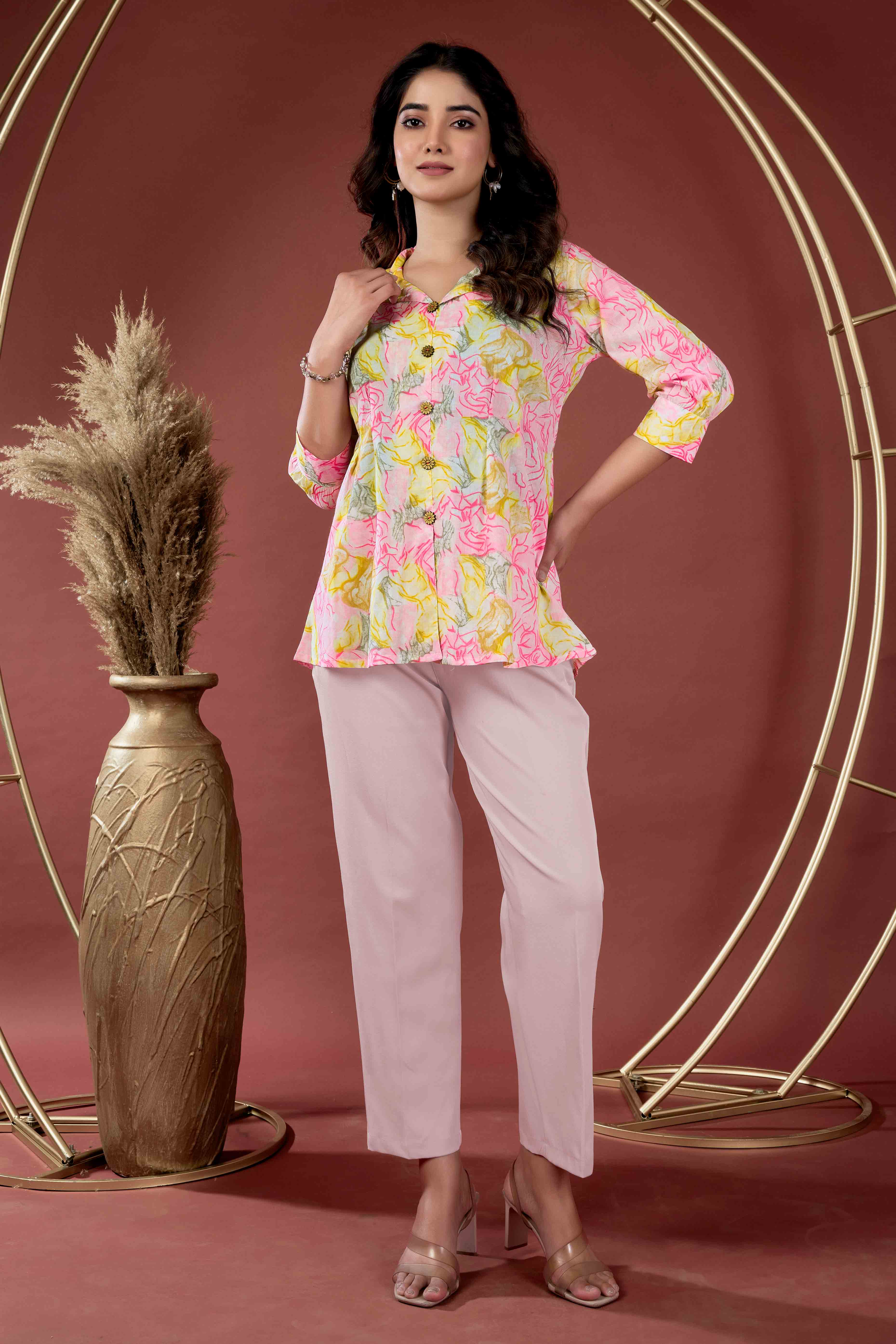 Yellow & Pink Floral Printed Pure Cotton A-Line Top