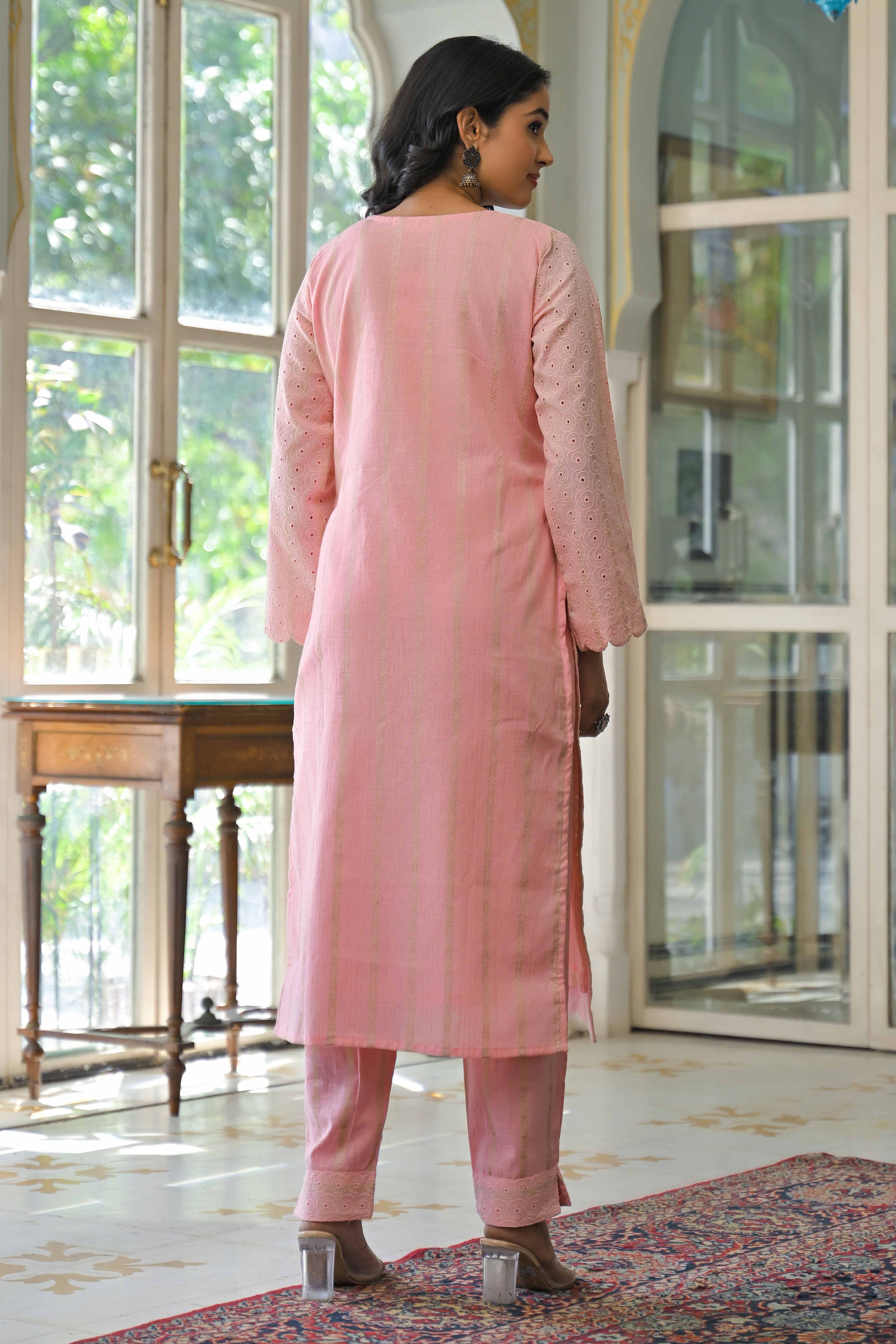 Pink Embroidered Pure Cotton Straight Salwar Suit