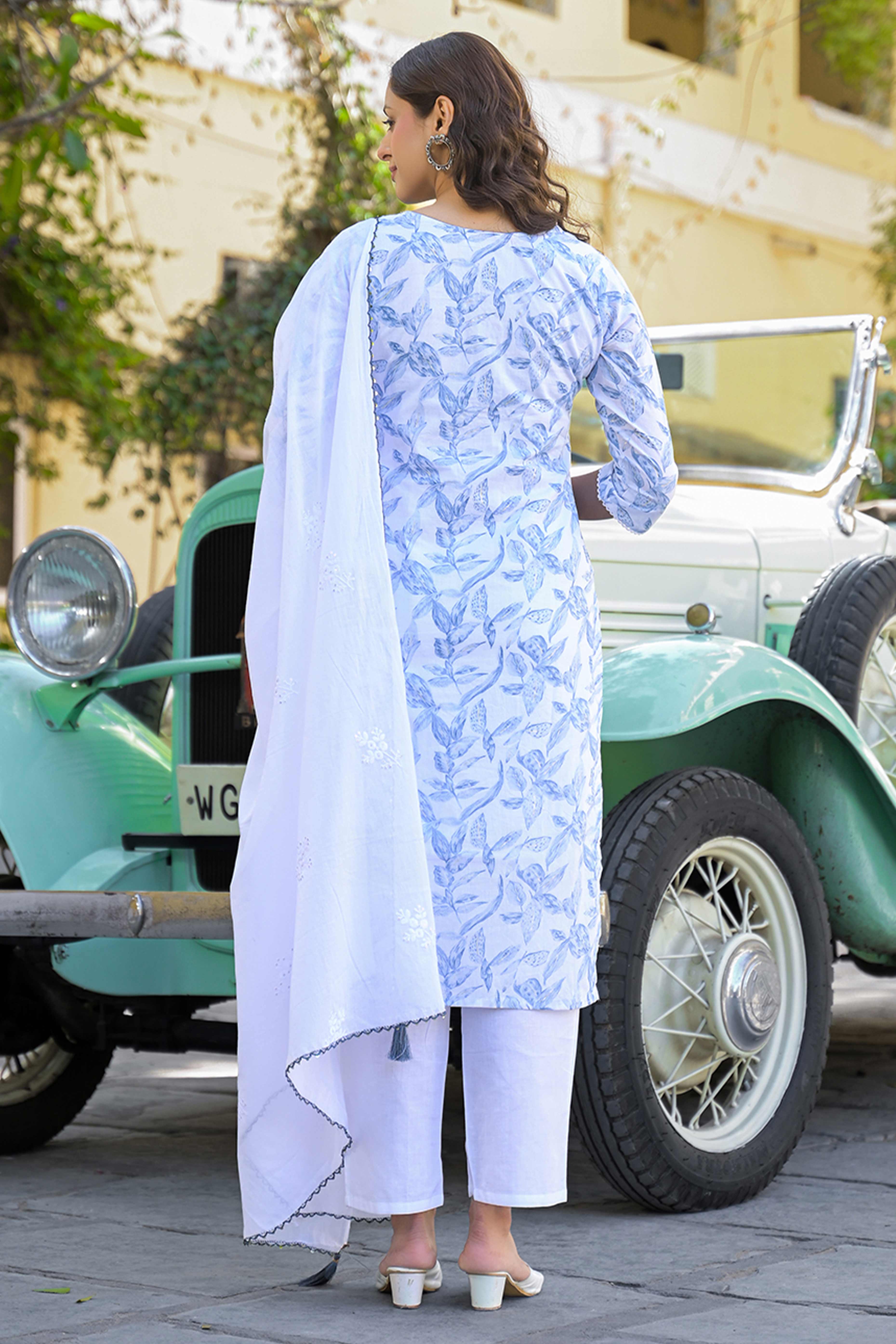 White & Blue Floral Printed Pure Cotton Straight Salwar Suit