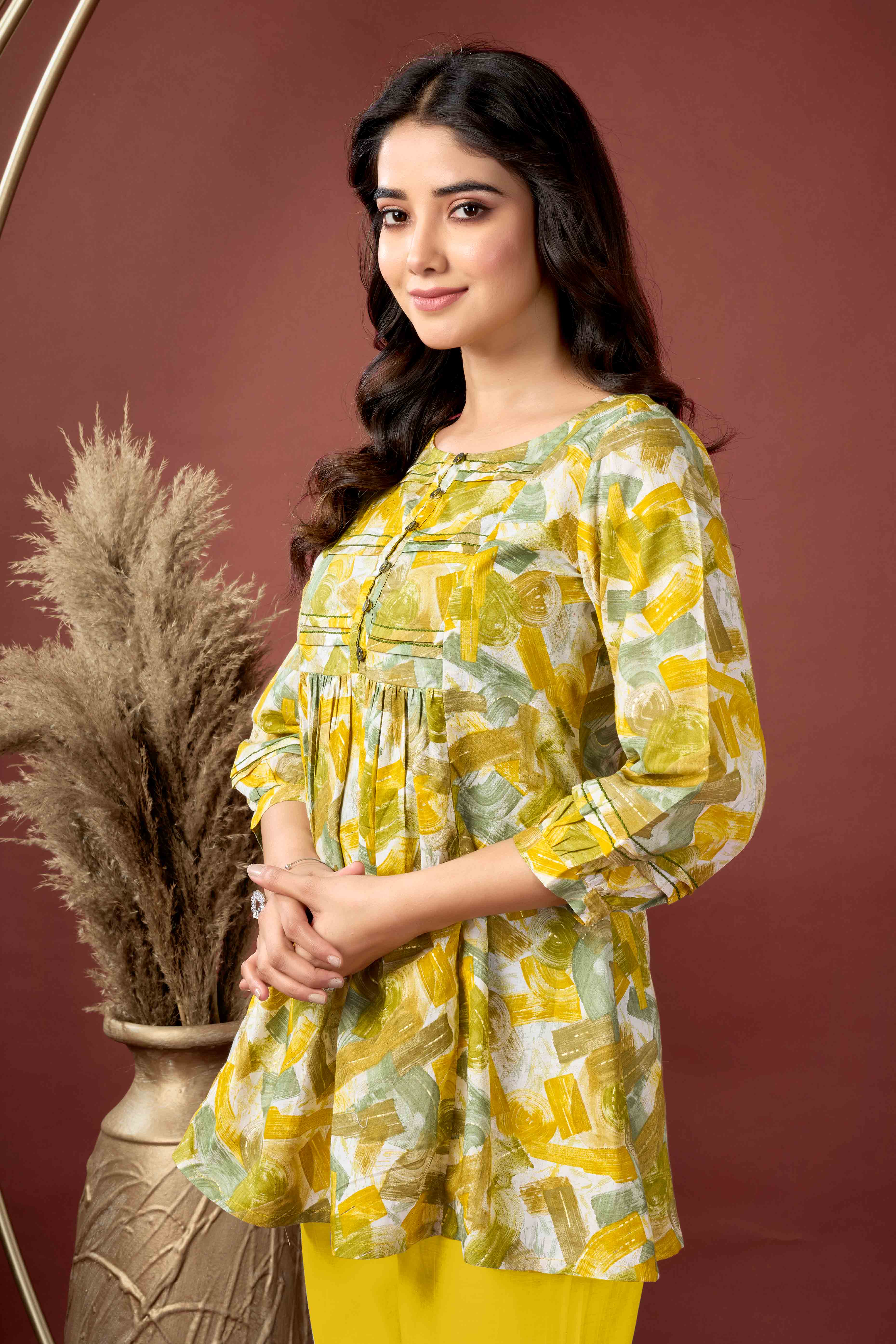 Mustard Abstract Printed Pure Cotton A-Line Top