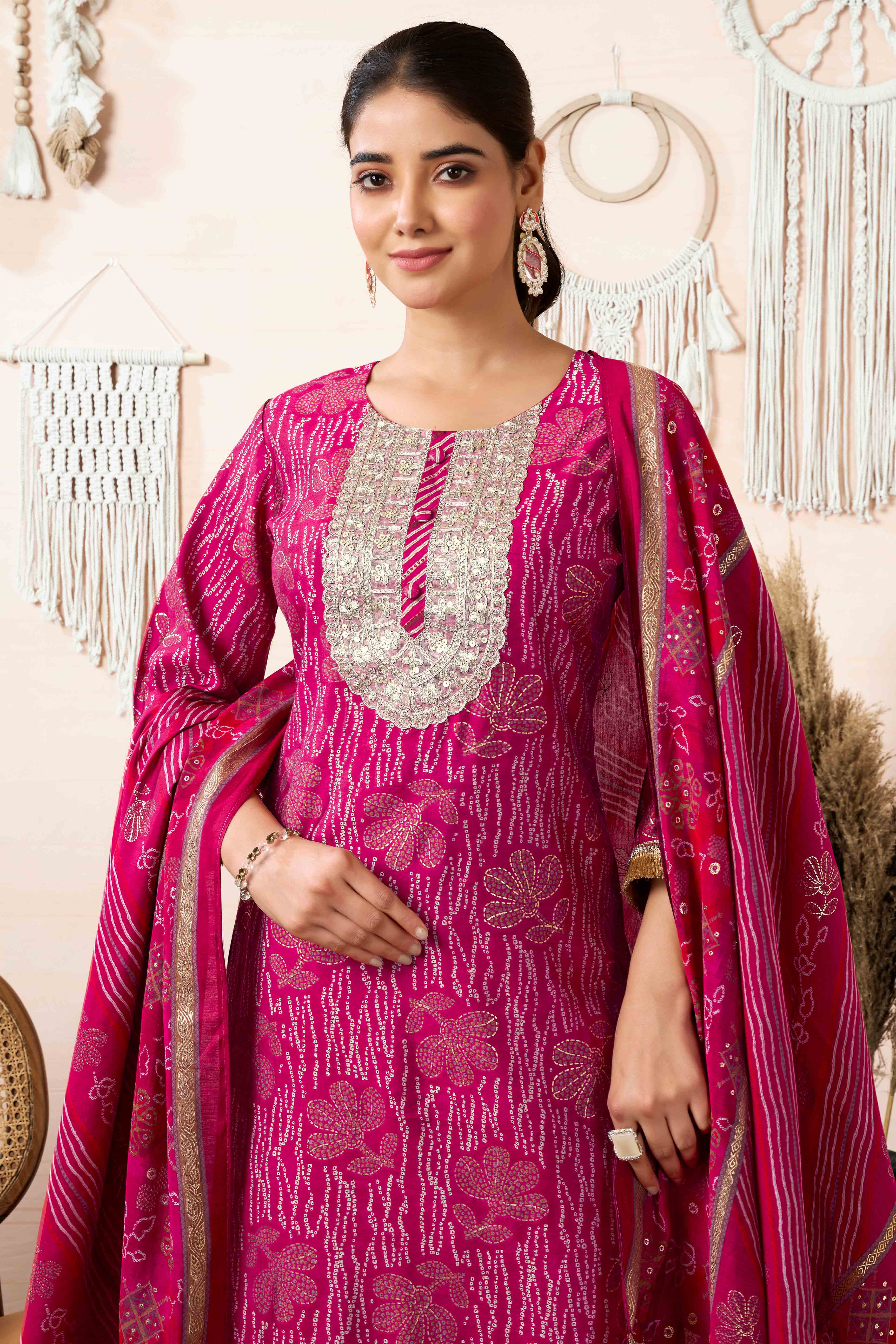 Pink Floral Foil Printed Chanderi Silk Straight Salwar Suit