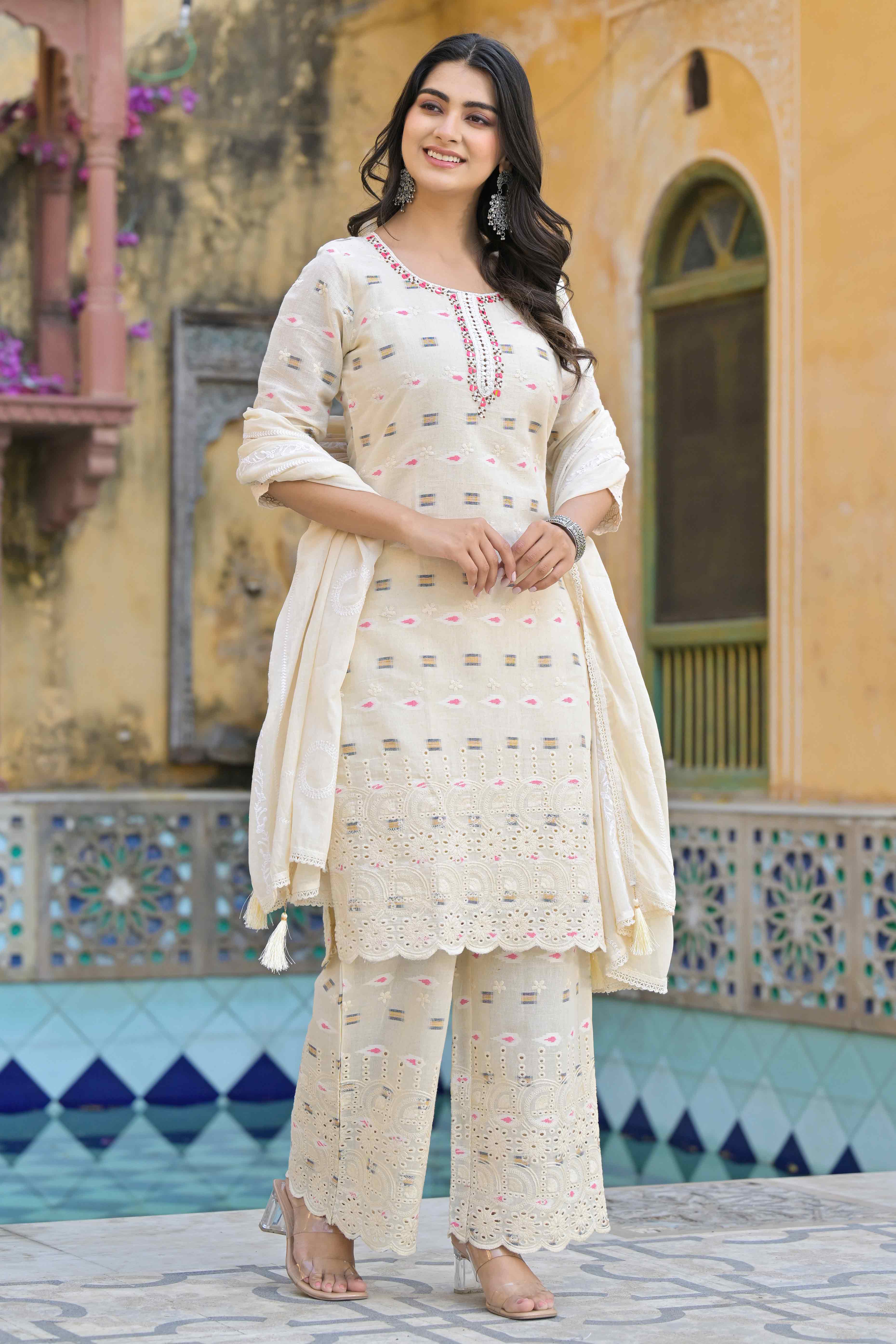 Off White Schiffli Work Embroidered Pure Cotton Salwar Suit