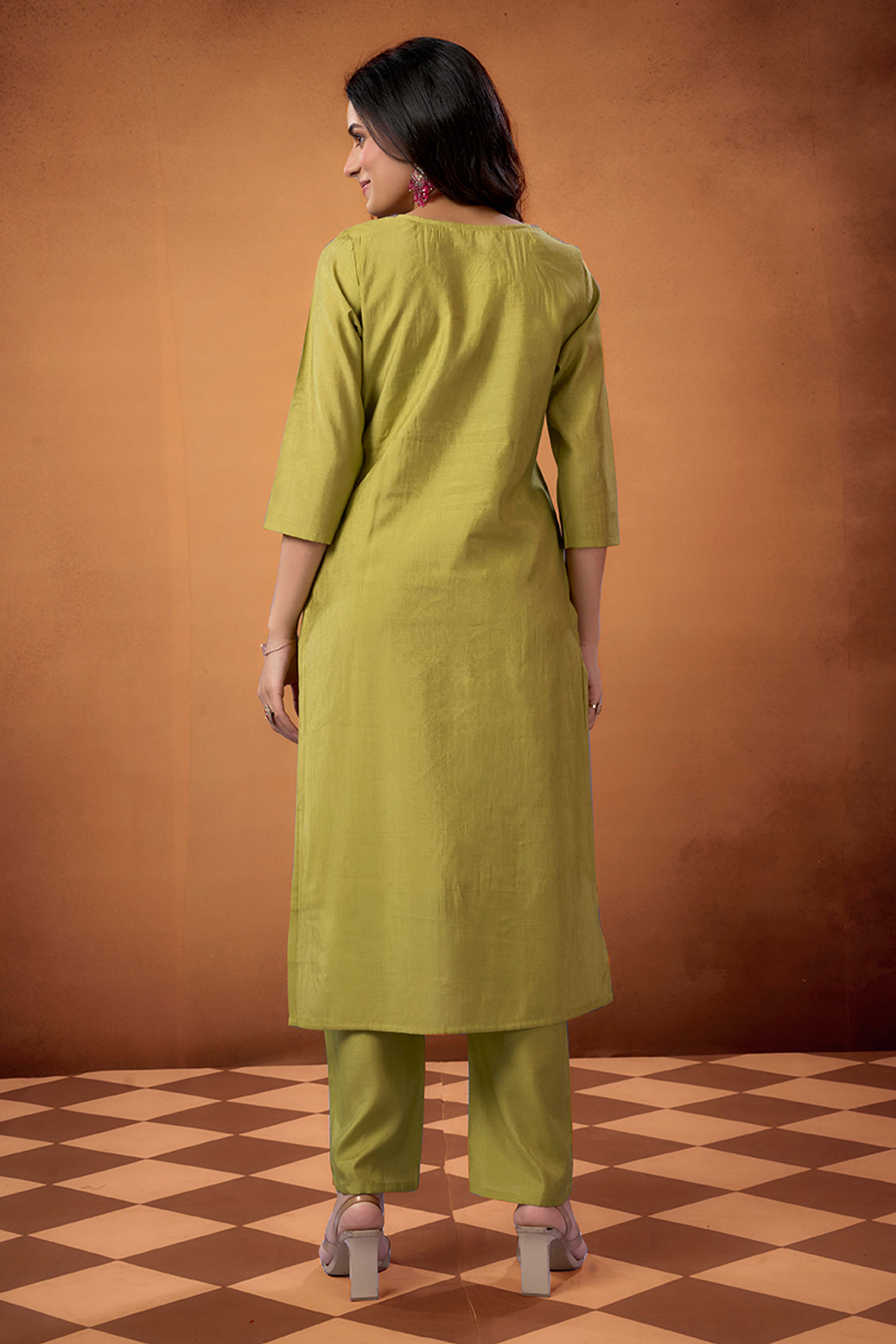 Lime Green Beads Work Embroidered Shimmer Straight Salwar Suit