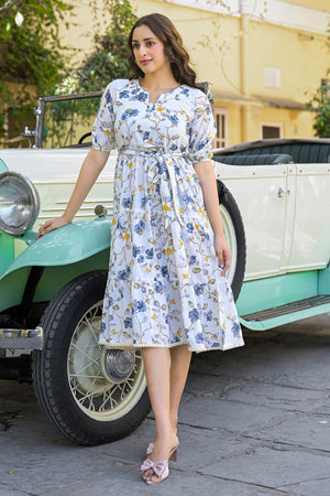 Grey Floral Printed Pure Cotton Maxi Dress