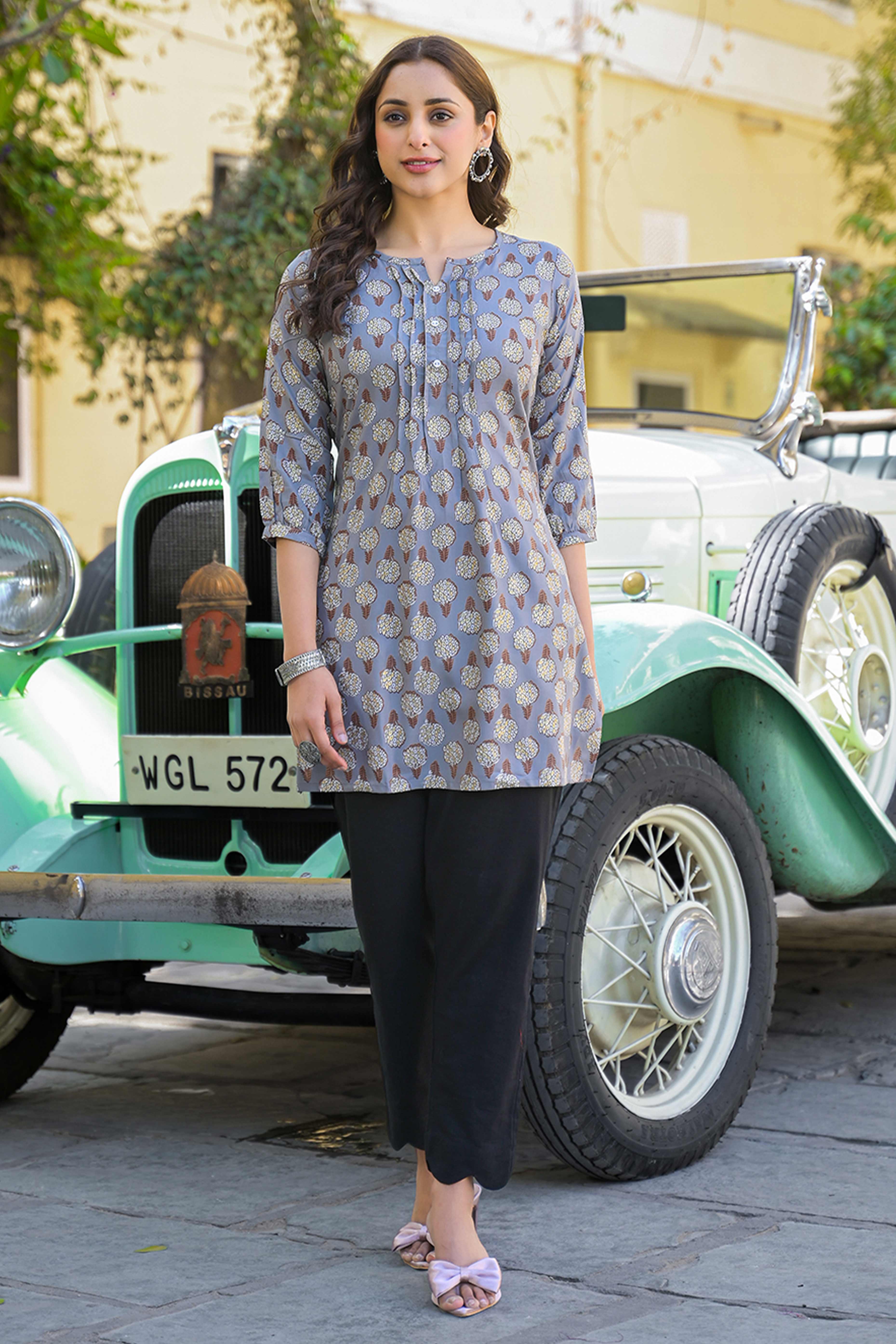 Grey Floral Printed Rayon Straight Top